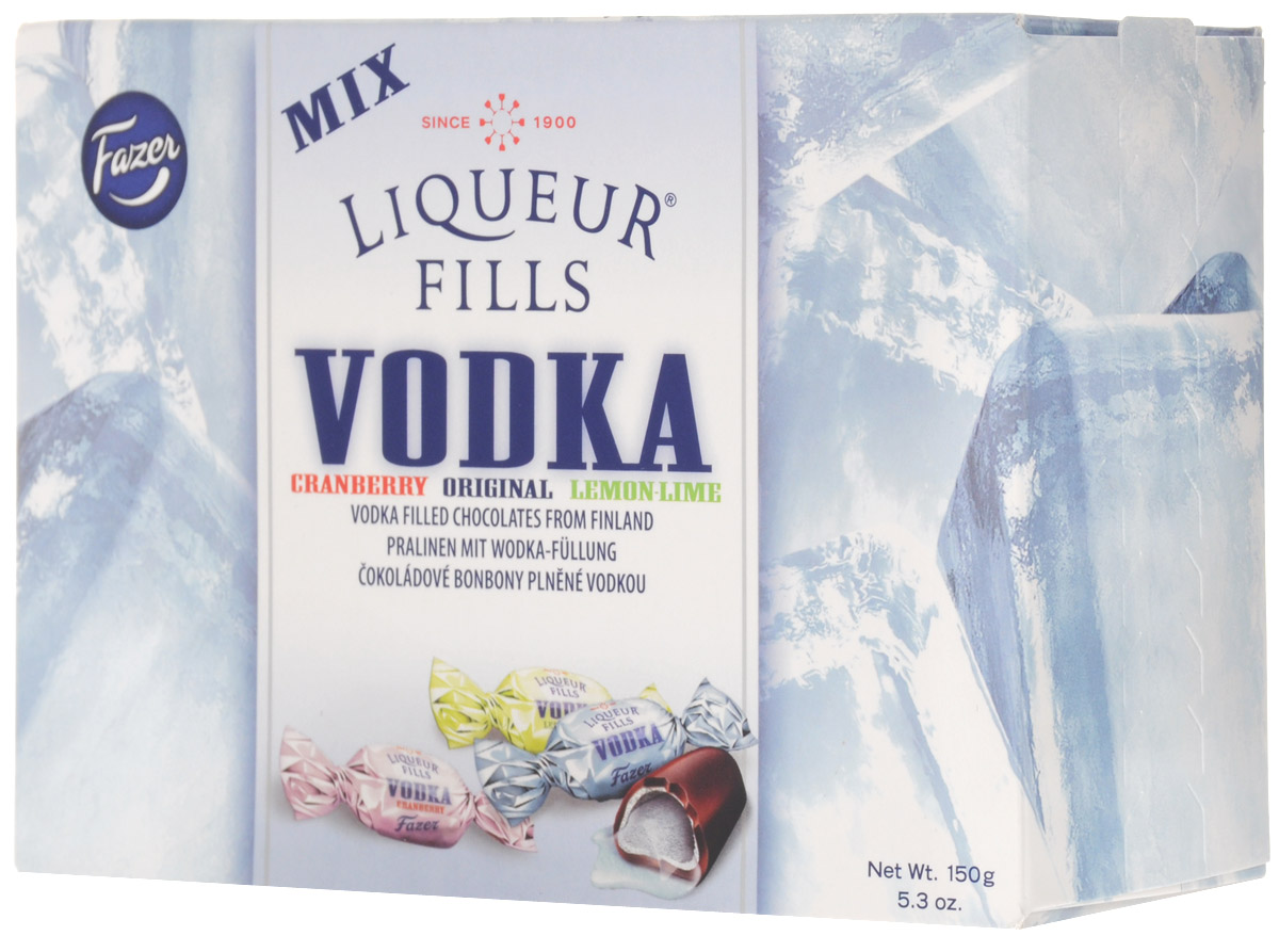 Fazer Liqueur Fills Конфеты шоколадные с водкой, 150 г0120710 Fazer Liqueur Fills Конфеты шоколадные с водкой, 150 г0120710Конфеты Fazer Liqueur Fills - это оригинальное угощение к чаепитию или праздничному столу. Ассорти с необычной начинкой из мягкой водки с тремя разными вкусами - классическим, лимон-лайм и клюквенным по достоинству оценят любители неординарных лакомств.Хрустящая оболочка из нежного шоколада, а внутри скрывается терпкий вкус алкогольного напитка. Оригинальные конфеты станут интересным дополнением вашего стола и удивят ваших гостей.Уважаемые клиенты! Обращаем ваше внимание, что полный перечень состава продукта представлен на дополнительном изображении.