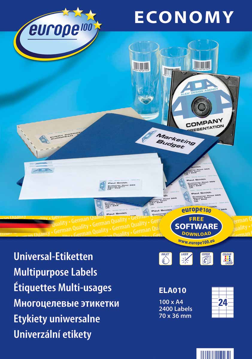 Avery Zweckform Этикетки самоклеящиеся Европа-100 70 х 36 мм 100 листов72523WD Avery Zweckform Этикетки самоклеящиеся Европа-100 70 х 36 мм 100 листов72523WDНовые универсальные этикетки Европа-100 экономичной серии гарантируют высокое качество исполнения: идеальное решение для любых задач стандартной маркировки; легко оформить в Microsoft Word . Лучшее соотношение цена и качество. Четкий отпечаток и надежная клейкость при всех типовых способах применения. Предназначены для печати на всех видах принтеров. Бесперебойная печать. Технология четырехстороннего отступа (QTС) предотвращает попадание клея в принтер.Вид принтера: струйный, лазерный, цветной лазерныйЦвет: белыйРазмеры: 70 х 36 ммКоличество листов в упаковке: 100Этикеток на листе: 24Этикеток в упаковке: 2400Форма: прямоугольная