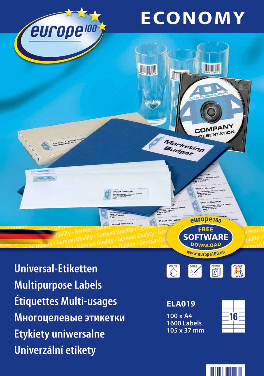 Avery Zweckform Этикетки самоклеящиеся Европа-100 105 х 37 мм 100 листовELA019 Avery Zweckform Этикетки самоклеящиеся Европа-100 105 х 37 мм 100 листовELA019Универсальные этикетки Avery Zweckform Европа-100 гарантируют высокое качество исполнения: идеальное решение для любых задач стандартной маркировки.Бесперебойная печать. Технология QCT не допускает попадания клея в принтер. Отличная клейкость. Подходят для лазерных, цветных лазерных принтеров и копировальных аппаратов. Бесплатные шаблоны в WORD.