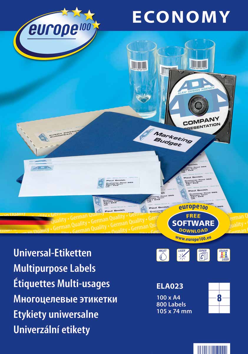Avery Zweckform Этикетки самоклеящиеся Европа-100 105 х 74 мм 100 листовLW 1004 Декор Avery Zweckform Этикетки самоклеящиеся Европа-100 105 х 74 мм 100 листовLW 1004 ДекорНовые универсальные этикетки Европа-100 экономичной серии гарантируют высокое качество исполнения: идеальное решение для любых задач стандартной маркировки; легко оформить в Microsoft Word . Лучшее соотношение цена и качество. Четкий отпечаток и надежная клейкость при всех типовых способах применения. Предназначены для печати на всех видах принтеров. Бесперебойная печать. Технология четырехстороннего отступа (QTС) предотвращает попадание клея в принтер.Вид принтера: струйный, лазерный, цветной лазерныйЦвет: белыйРазмеры: 105 х 74 ммКоличество листов в упаковке: 100Этикеток на листе: 8Этикеток в упаковке: 800Форма: прямоугольная