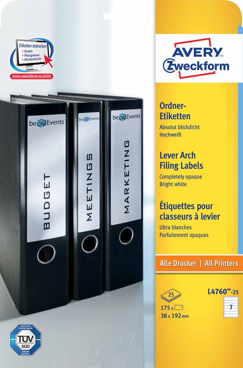 Avery Zweckform Этикетки для корешков папок 38 х 192 мм 25 листов3667 Avery Zweckform Этикетки для корешков папок 38 х 192 мм 25 листов3667Короткие этикетки для узких папок - идеальное решение для оформления ваших архивов.Предназначены для узких папок, для печати на всех типах принтеров.Вид принтера: лазерный, цветной лазерный принтер, струйныйТип клеящейся поверхности: перманентныйЦвет: белыйРазмеры: 38 х 192 ммКоличество листов в упаковке: 25Этикеток на листе: 7Этикеток в упаковке: 175Форма: прямоугольная