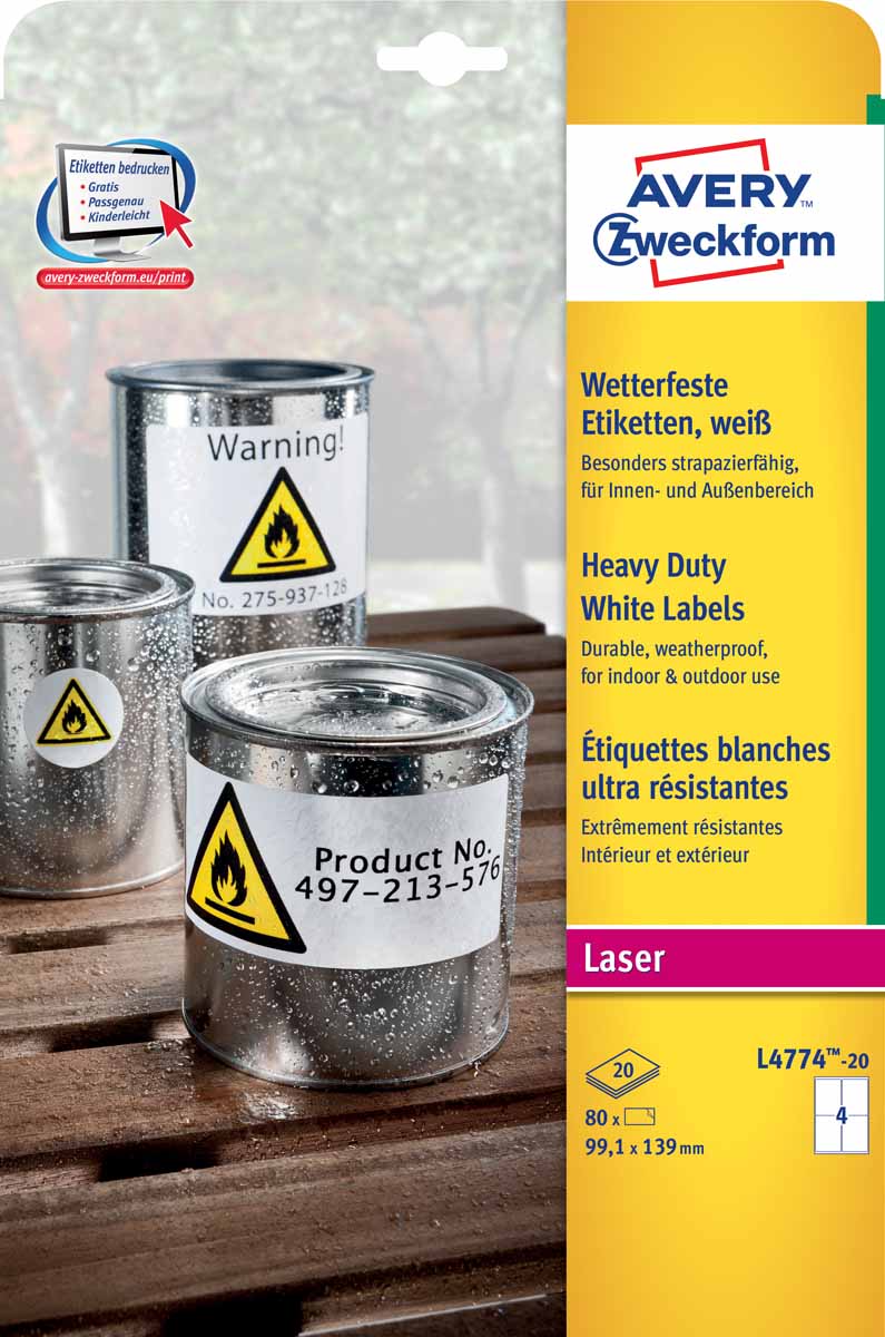 Avery Zweckform Этикетки всепогодные 99,1 х 139 мм 80 штELA023 Avery Zweckform Этикетки всепогодные 99,1 х 139 мм 80 штELA023Всепогодные полиэстерные этикетки - идеальное решение для маркировки в экстремальных условиях, где бумага справиться неспособна. Особо прочные этикетки устойчивы к воздействию загрязняющих веществ, влаги и перепадов температуры (от -20°С до +80°С). Масло-и UF-стойкие, грязеотталкивающие, моющиеся. Представлены в белом цвете. Предназначены для печати на лазерных и струйных принтерах и копировальных аппаратах.Вид принтера: лазерный, цветной лазерный принтер, копирТип клеящейся поверхности: перманентныеЦвет: белыйРазмеры: 99,1 х 139 ммКоличество листов в упаковке: 20Этикеток на листе: 4Этикеток в упаковке: 80Форма: прямоугольная
