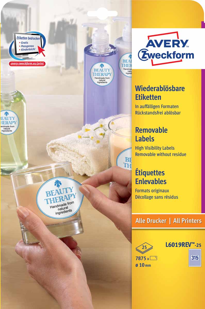 Avery Zweckform Этикетки Stick&Lift диаметр 10 мм 25 листов660-3SSNRP_сиреневый, оранжевый, бордо Avery Zweckform Этикетки Stick&Lift диаметр 10 мм 25 листов660-3SSNRP_сиреневый, оранжевый, бордоУдаляемые этикетки для специальной маркировки отклеиваются быстро и полностью, не оставляя следов клея на поверхности. Подходят для многократного использования. Для печати на любых видах принтеров. Идеальное решение для: ценников и описания товаров; папок и контейнеров; временной маркировки;объявлений, инструкций и указателей. Легко и просто оформить с помощью бесплатной программы для оформления этикеток Avery Desing & Print Online.Вид принтера: струйный, лазерный, цветной лазерный принтер, копирТип клеящейся поверхности: удаляемыеЦвет: белыйРазмеры: O 10 mmКоличество листов в упаковке: 25Этикеток на листе: 315Этикеток в упаковке: 7875Форма: прямоугольная
