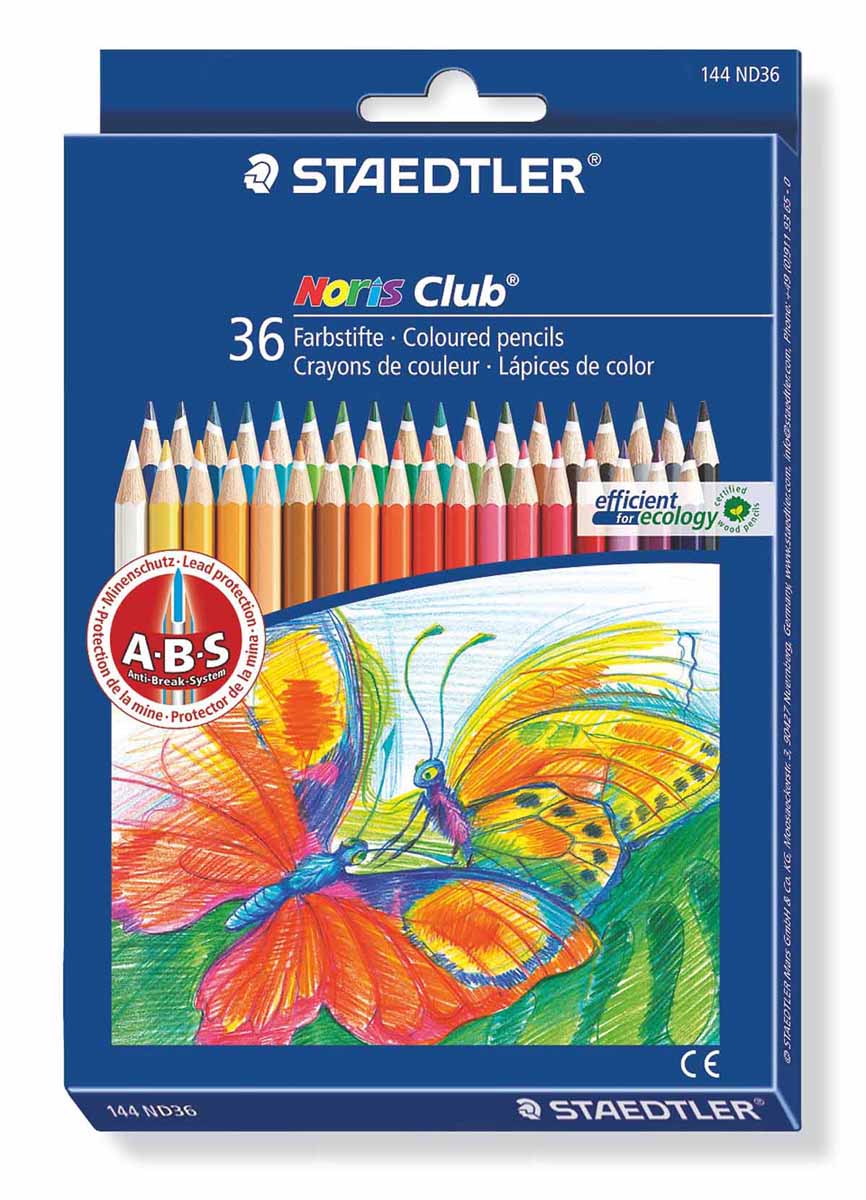 Staedtler Набор цветных карандашей Noris Club 36 штC13S041944 Staedtler Набор цветных карандашей Noris Club 36 штC13S041944Цветные карандаши с ABS системой.Грифель не ломается и не крошится при заточке. Корпус карандашей выполнен из сертифицированной особо прочной древесины.В наборе 36 карандашей ярких насыщенных цветов.
