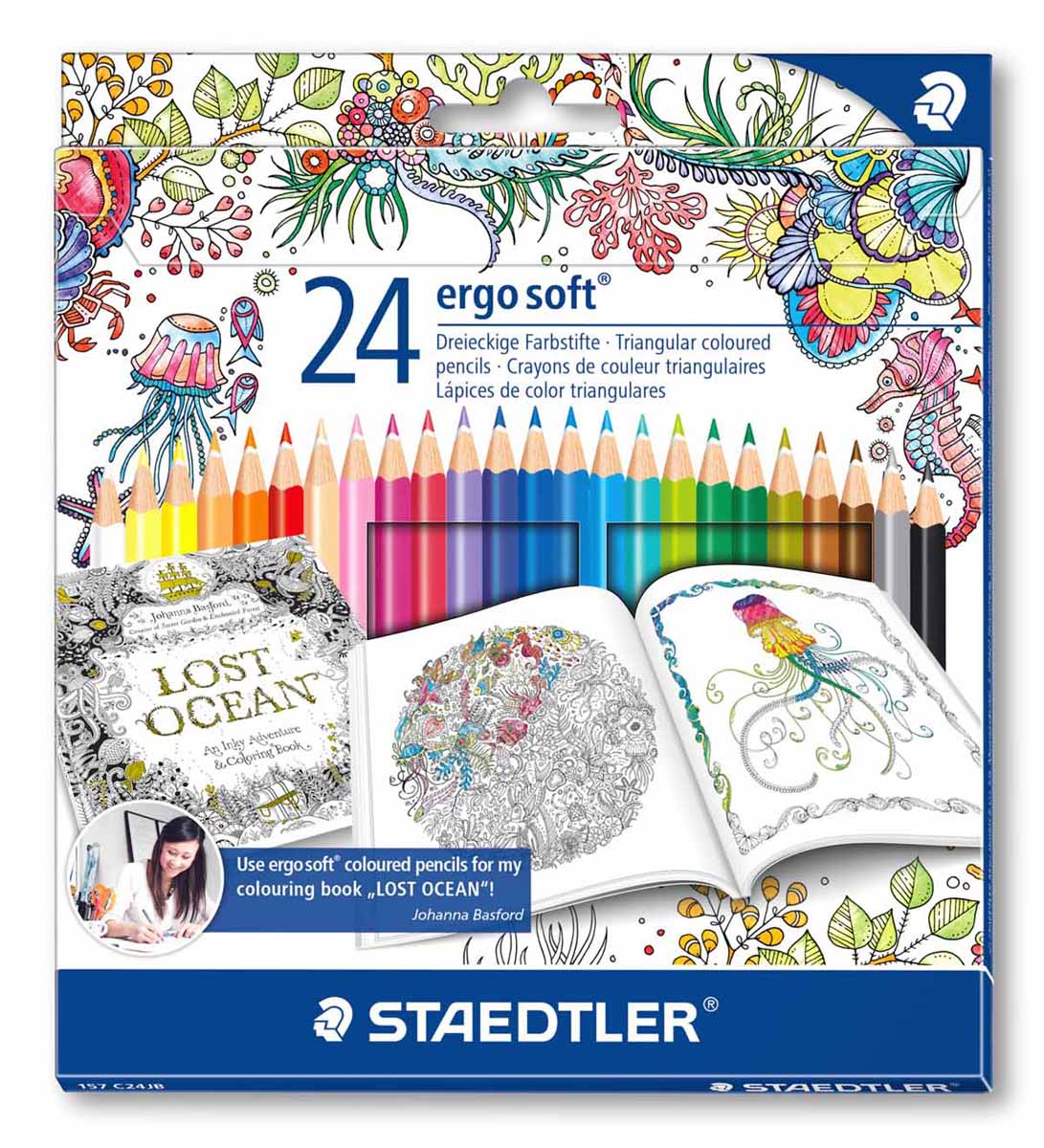 Staedtler Набор цветных карандаш Ergosoft Johanna Basford 24 цветаC13S041944 Staedtler Набор цветных карандаш Ergosoft Johanna Basford 24 цветаC13S041944Цветные карандаши Staedtler Ergo Soft эргономичной трехгранной формы для удобного и легкого письма. Специальное издание Johanna Basford. Уникальное, нескользящее мягкое покрытие с полем для имени.A-B-S - белое защитное покрытие для укрепления грифеля и для защиты от поломки.Очень мягкий и яркий грифель,лак на водной основе.Картонная упаковка с оригинальным дизайном.При производстве используется древесина сертифицированных и специально подготовленных лесов.