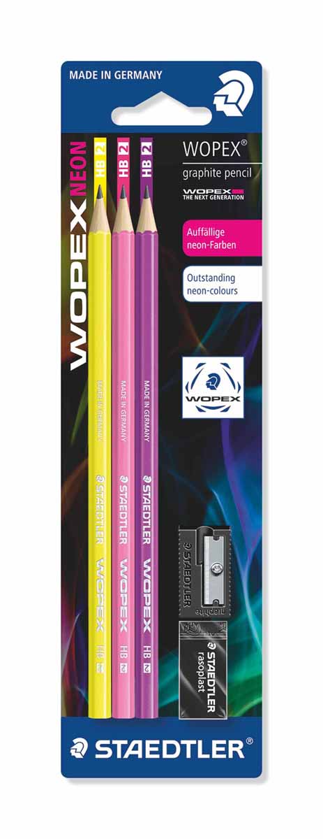 Staedtler Набор чернографитовых карандашей Wopex NEON HB 3 шт72523WD Staedtler Набор чернографитовых карандашей Wopex NEON HB 3 шт72523WDНабор высококачественных чернографитовых карандашей Staedtler Neon изготовленных из уникального материала Wopex, который на 70% состоит из древесины.Отличаются особой прочностью, устойчивы к поломкам и имеют ударопрочный грифель.Шестигранный корпус мягкий и бархатистый на ощупь, карандаш не скользит в руке.