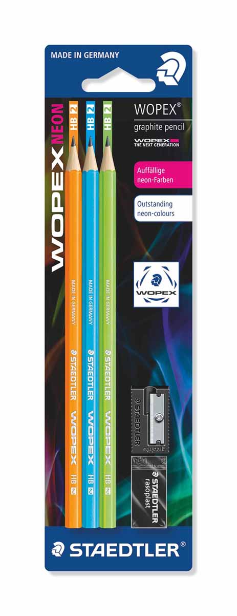 Staedtler Набор чернографитовых карандашей Wopex NEON HB 3 шт 180FSBK3-272523WD Staedtler Набор чернографитовых карандашей Wopex NEON HB 3 шт 180FSBK3-272523WDНабор высококачественных чернографитовых карандашей Staedtler Neon изготовленных из уникального материала Wopex, который на 70% состоит из древесины.Отличаются особой прочностью, устойчивы к поломкам и имеют ударопрочный грифель.Шестигранный корпус мягкий и бархатистый на ощупь, карандаш не скользит в руке.