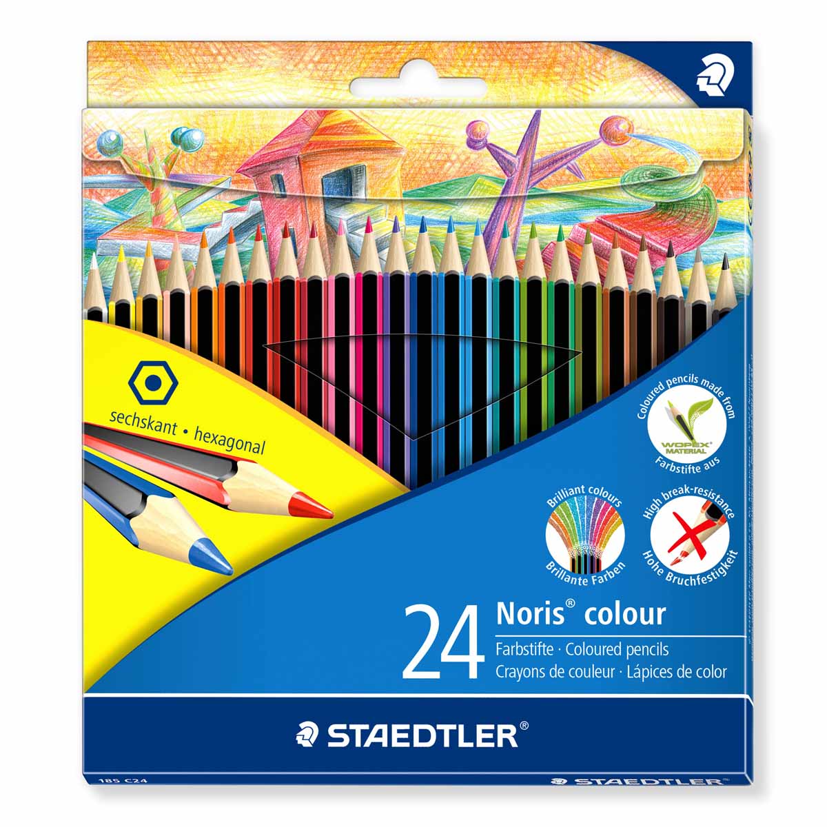 Staedtler Набор цветных карандашей Noris Colour 24 цвета72523WD Staedtler Набор цветных карандашей Noris Colour 24 цвета72523WDНовые цветные карандаши Staedtler Noris Club из инновационного материала Wopex. Сделаны из нового природного волокнистого материала: 70% древесины + пластиковый композит. Высокое качество письма, рисования, эскизов. Нескользящая, бархатистая поверхность; особенно ударопрочный корпус и грифель; гладкое письмо. Инновационный, однородный материал Wopex обеспечивает исключительно гладкую и ровную заточку с любым качеством точилки. Текст и рисунки легко стереть. В наборе: 24 цвета.