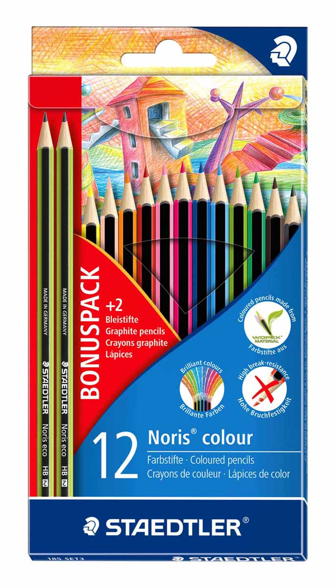 Staedtler Набор цветных карандашей Noris colour 12 цветов с 2 чернографитными карандашами0775B001 Staedtler Набор цветных карандашей Noris colour 12 цветов с 2 чернографитными карандашами0775B001Новый набор Staedtler Noris colour предназначены для рисования.Набор содержит 12 цветных карандашей и 2 чернографитных карандаша твердостью - HB. Цветные карандаши, разработанные специально для детей, имеют мягкий грифель и насыщенные цвета.С цветными карандашами Noris Club ваши дети будут создавать яркие и запоминающиеся рисунки.