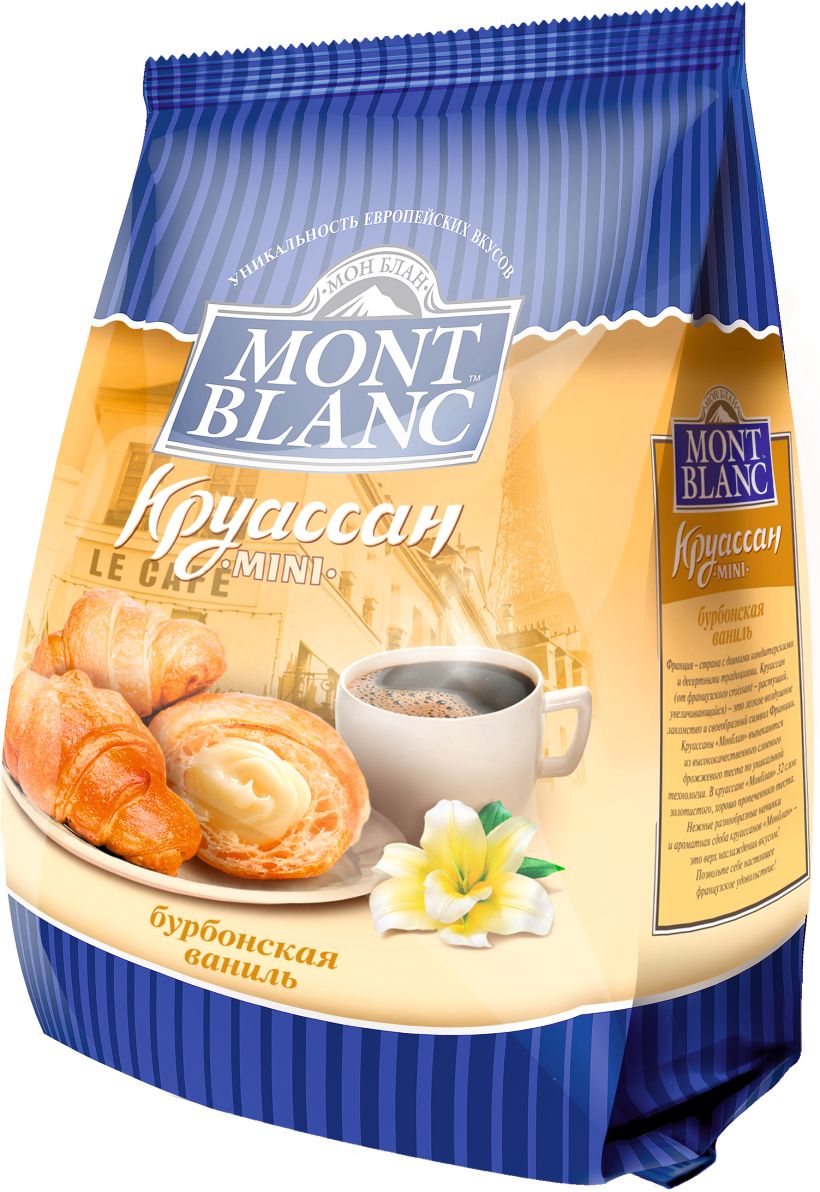Mont Blanc круассаны мини Бурбонская ваниль, 200 г0120710 Mont Blanc круассаны мини Бурбонская ваниль, 200 г0120710Французские мини-круассаны с начинкой в виде крема или джема. Виды: Клубника, Ваниль, Орех, Вишня, Сливки, Абрикос, Шоколад, Карамель, Микс.