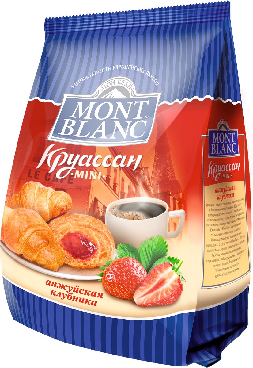 Mont Blanc круассаны мини Анжуйская клубника, 200 г0120710 Mont Blanc круассаны мини Анжуйская клубника, 200 г0120710Французские мини-круассаны с начинкой в виде крема или джема. Виды: Клубника, Ваниль, Орех, Вишня, Сливки, Абрикос, Шоколад, Карамель, Микс.