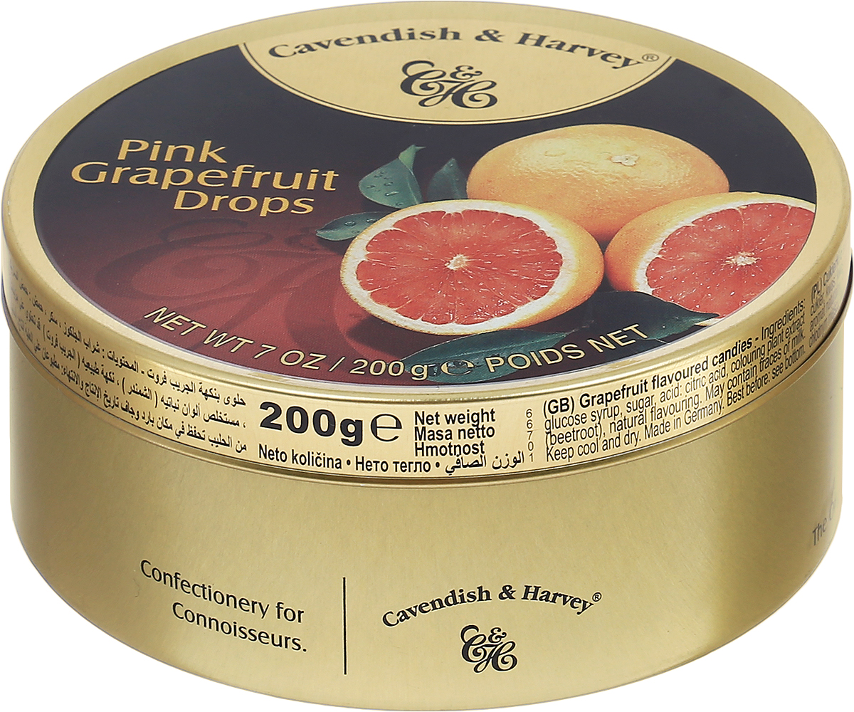 Cavendish & Harvey Розовый грейпфрут леденцы, 200 г0120710 Cavendish & Harvey Розовый грейпфрут леденцы, 200 г0120710Любите грейпфрут, но не любите его чистить? Леденцы Cavendish & Harvey Розовый грейпфрут - это великолепный вкус настоящего сочного грейпфрута!Эти леденцы очень удобно брать с собой в путешествие, возить в автомобиле и хранить на рабочем месте, поскольку жестяная банка надежно закрывается и не занимает много места.Уважаемые клиенты! Обращаем ваше внимание, что полный перечень состава продукта представлен на дополнительном изображении.