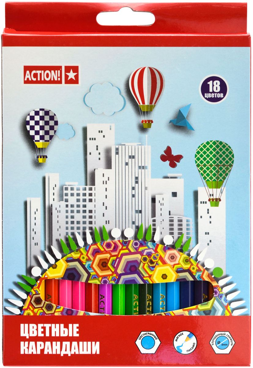 Action! Набор цветных карандашей 18 цветов72523WD Action! Набор цветных карандашей 18 цветов72523WDШестигранный корпус. Улучшенный грифель. 18 цветов. В картонной коробке с европодвесом.