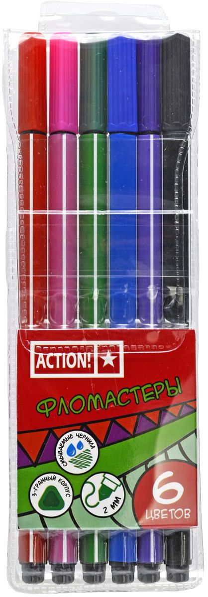 Action! Набор фломастеров 6 цветов72523WD Action! Набор фломастеров 6 цветов72523WDПолипропиленовый трехгранный корпус. Вентилируемый колпачок. Прекрасно смываются водой. 6 цветов. В пластиковом пенале с европодвесом.