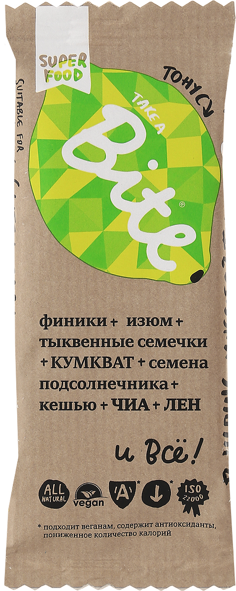 Take A Bite Кумкват-Лимон Тонус батончик фруктово-ореховый, 45 г0120710 Take A Bite Кумкват-Лимон Тонус батончик фруктово-ореховый, 45 г0120710Выжимать цитрусовые 10 раз в день - утомительное занятие, которое все же поможет вам взбодриться. Но как насчет батончика Take A Bite Тонус из дразнящего кумквата и кешью? Зарядитесь энергией на целый день!Уважаемые клиенты! Обращаем ваше внимание, что полный перечень состава продукта представлен на дополнительном изображении.