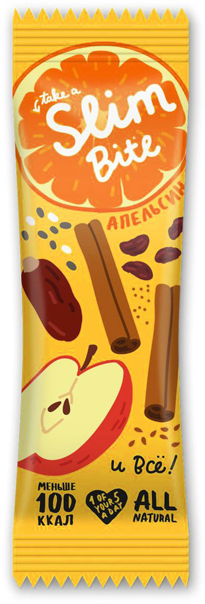 Take A Slim Bite Апельсин батончик фруктово-ягодный, 30 г0120710 Take A Slim Bite Апельсин батончик фруктово-ягодный, 30 г0120710Создать солнечное настроение легко со Slim Bite Апельсин. Сочный апельсин в сочетании с фиником, яблоком и корицей удивит ярким вкусом, а натуральные витамины укрепят иммунитет и придадут тонус.