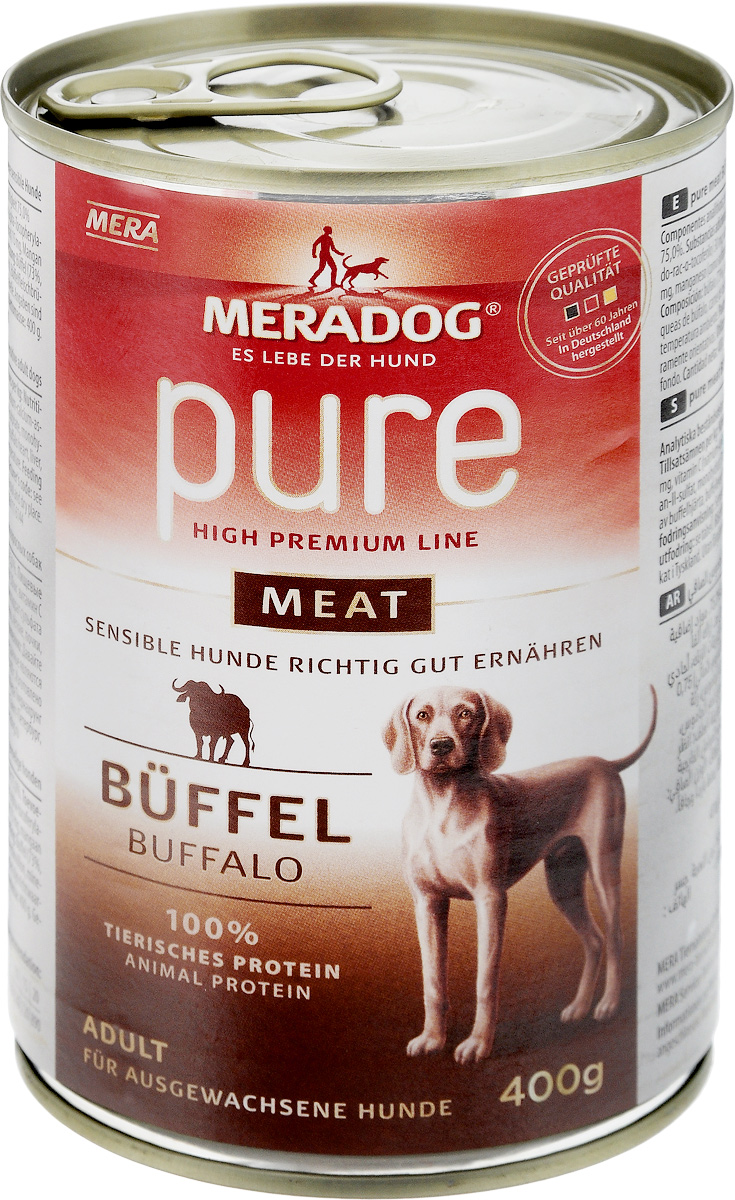 Консервы для собак Meradog Pure Meat, с буйволом, 400 г0120710 Консервы для собак Meradog Pure Meat, с буйволом, 400 г0120710Миллионы собак по всему миру благодарят своих хозяев за любовь, заботу и Meradog.Аппетитное мясное или рыбное филе с отборным рисом, кукурузой или картофелем, ароматные морепродукты, приготовленные особым способом в сочетании с натуральными овощами - в этот вкус невозможно не влюбиться.Ведущий ветеринарный врач завода Mera - доктор Стефан Мандель смог разработать идеальную формулу здоровья для вашего члена семьи - Meradog.Всем известно, что немецкие корма обладают не только безупречным качеством, но и идеальным вкусом. А все это благодаря:- высокому проценту мяса,- комплексу необходимых витаминов,- колоструму, обеспечивающего иммунную защиту,- оптимальному полнорационному составу.Сделайте счастливым вашего питомца, просто - подарите ему Meradog.Состав: буйвол (73%, состоит из буйволиного сердца, печени, легких, почек, трахеи и мяса), бульон из мяса буйвола, минеральные вещества.Влажный корм для взрослых собак (подходит для собак с проблемами в питании и/или аллергиями).Товар сертифицирован.