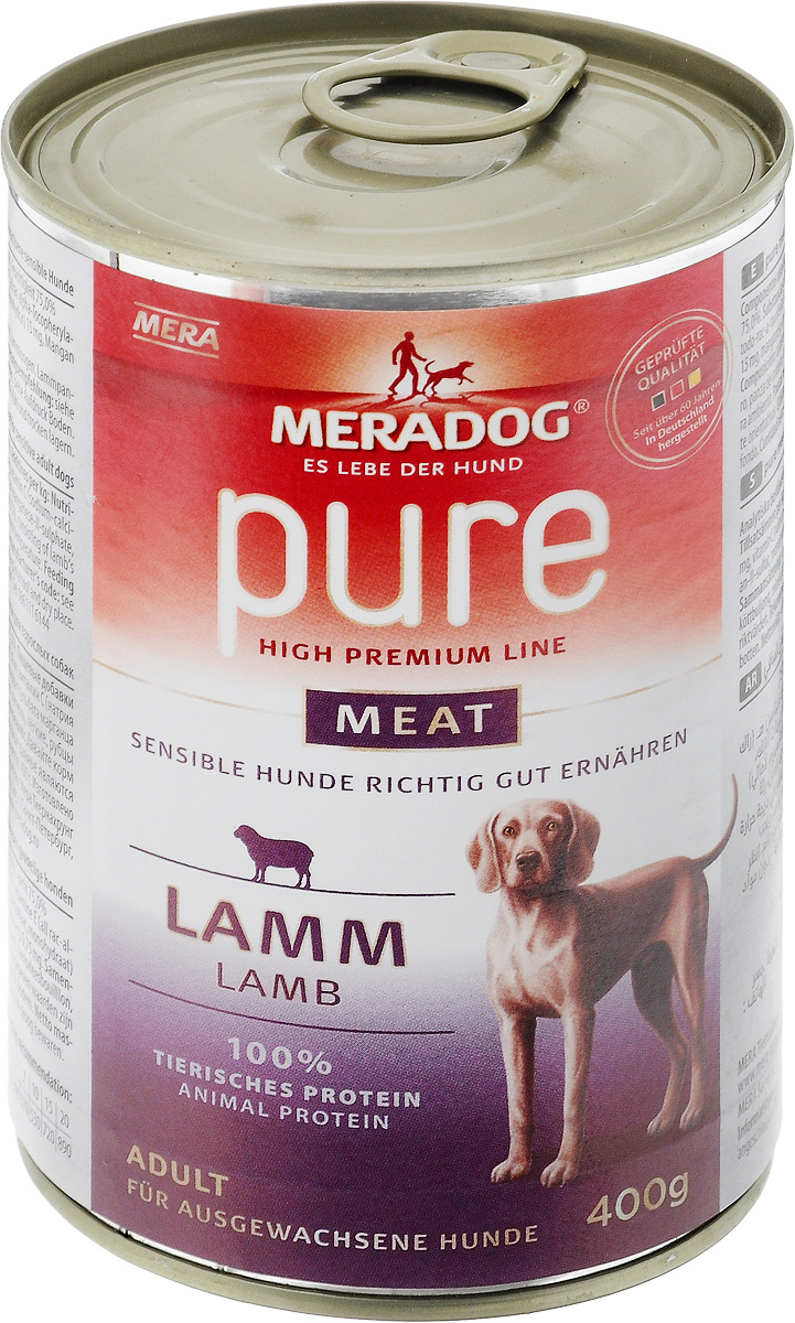 Консервы для собак Meradog Pure Meat, c ягненком, 400 г0120710 Консервы для собак Meradog Pure Meat, c ягненком, 400 г0120710Миллионы собак по всему миру благодарят своих хозяев за любовь, заботу и Meradog.Аппетитное мясное или рыбное филе с отборным рисом, кукурузой или картофелем, ароматные морепродукты, приготовленные особым способом в сочетании с натуральными овощами - в этот вкус невозможно не влюбиться.Ведущий ветеринарный врач завода Mera - доктор Стефан Мандель смог разработать идеальную формулу здоровья для вашего члена семьи - Meradog.Всем известно, что немецкие корма обладают не только безупречным качеством, но и идеальным вкусом. А все это благодаря:- высокому проценту мяса,- комплексу необходимых витаминов,- колоструму, обеспечивающего иммунную защиту,- оптимальному полнорационному составу.Сделайте счастливым вашего питомца, просто - подарите ему Meradog.Состав: мясо молодого барана (ягненка) (73%, состоит из сердца ягненка, мяса, печени, легких и рубца), бульон из мяса ягненка, минеральные вещества.Влажный корм для взрослых собак (подходит для собак с проблемами в питании и/или аллергиями).Товар сертифицирован.