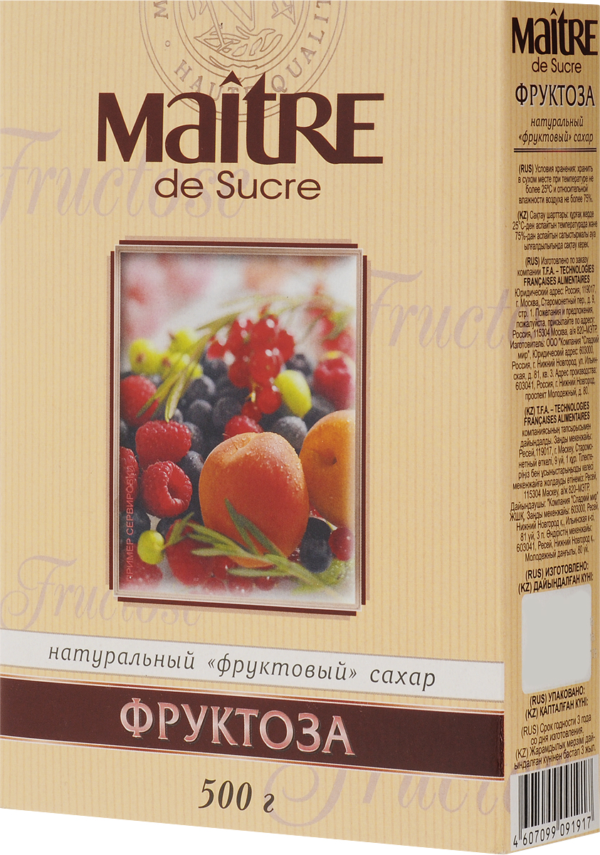 Maitre de Sucre фруктоза, 500 г0120710 Maitre de Sucre фруктоза, 500 г0120710Фруктоза Maitre de Sucre - это натуральный фруктовый сахар. Данный продукт может быть использован в качестве замены сахара в диетическом питании, а также применяться в домашней кулинарии.