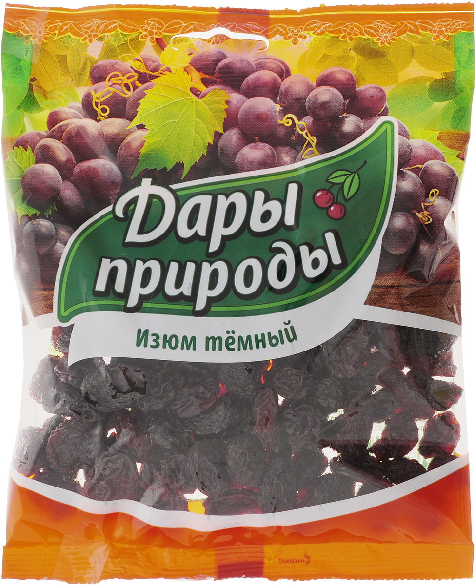 Дары Природы изюм сушеный, 150 г0120710 Дары Природы изюм сушеный, 150 г0120710Темный изюм - это вкусный и питательный продукт, обладающий полезными свойствами, заложенными самой природой. Мягкий и выразительный вкус делают темный изюм одним из самых популярных сухофруктов.