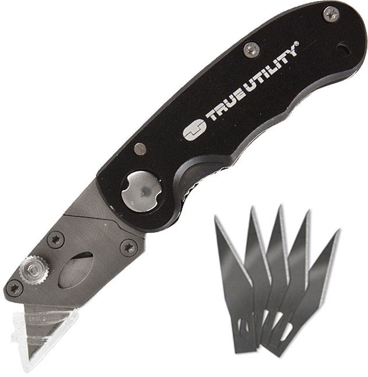 Нож туристический True Utility CraftKnife, складной67742 Нож туристический True Utility CraftKnife, складной67742Прекрасный складной нож подходящий для различных ремесел, где требуется точный разрез материала. Двухстороннее, регулируемое лезвие длиной 1,5 см. Пластиковый наконечник, предохраняющий от случайных порезов. В комплекте 5 запасных лезвий. Размер: 64 х 30 мм.