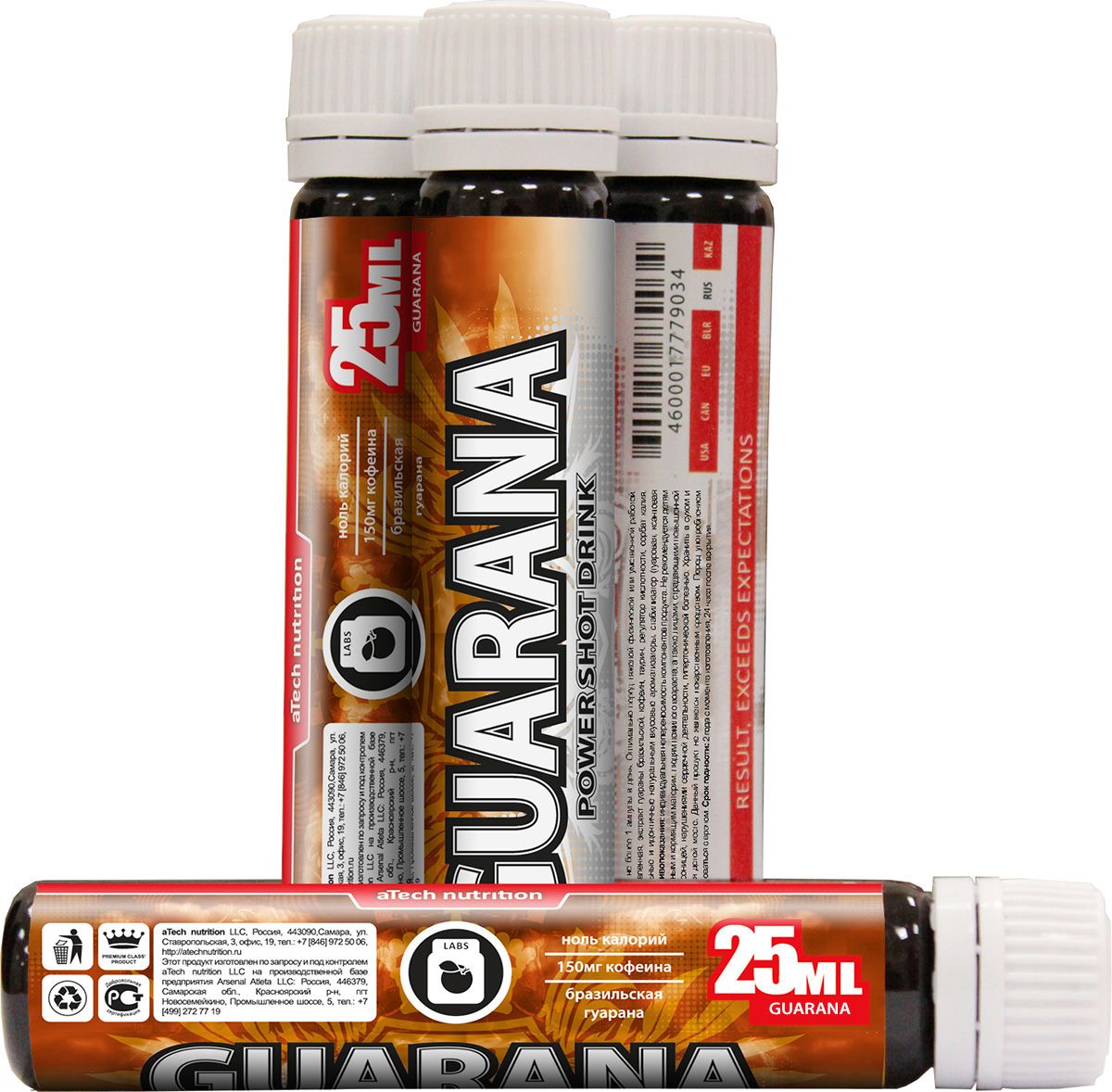 Энергетический напиток aTech Nutrition Guarana Power Shot Drink, гуарана, 25 мл3B287 Энергетический напиток aTech Nutrition Guarana Power Shot Drink, гуарана, 25 мл3B287Мощный энергетический комплекс «Short drink» от aTech Nutrition в удобной упаковке по 25мл. Одна ампула содержит 150мг Кофеина, в том числе из Гуараны бразильской . Guarana Power shot drink от aTech nutrition в жидкой форме, на основе Гуараны Бразильской и Таурина позволит Вам тренироваться с полной отдачей!В ее состав входит экстракт Гуараны Бразильской – натуральный источник связанного кофеина. В отличии от синтетического кофеина, натуральный кофеин усваивается плавно и не вызывает резкого подъема давления, перевозбуждения, усиленного сердцебиения. Так же в плодах Гуараны Бразильской, в отличие от синтетической, содержатся дубильные вещества, сапонины, амид, цинк, натрий, марганец, магний, теобромин, теофиллин, витамины PP, E, B1, B2, A.Входящий в состав продукта Таурин усиливает действие Гуараны, а так же способствует улучшению кровообращения и метаболизму сердца, благотворно влияет на сосуды, костную ткань, улучшает память, зрение, укрепляет иммунитет.Принимая Guarana от aTech nutrition Вы стимулируете центральную нервную систему, повышаете работоспособность и улучшаете выносливость.вода подготовленная, экстракт гуараны бразильской, кофеин, таурин, регулятор кислотности, сорбат калия, пищевой краситель, натуральные и идентичные натуральным вкусовые ароматизаторы, стабилизатор (гуаровая, ксантовая камедь), подсластитель