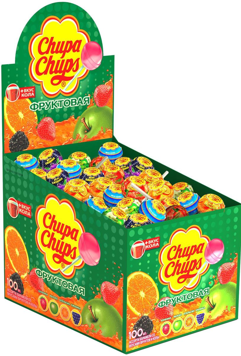 Chupa Chups карамель Ассорти, 100 шт по 12 г8252798 Chupa Chups карамель Ассорти, 100 шт по 12 г8252798Ассорти вкусов с натуральным соком: клубники, зеленого яблока, апельсина, ежевики, а также вкуса колы.