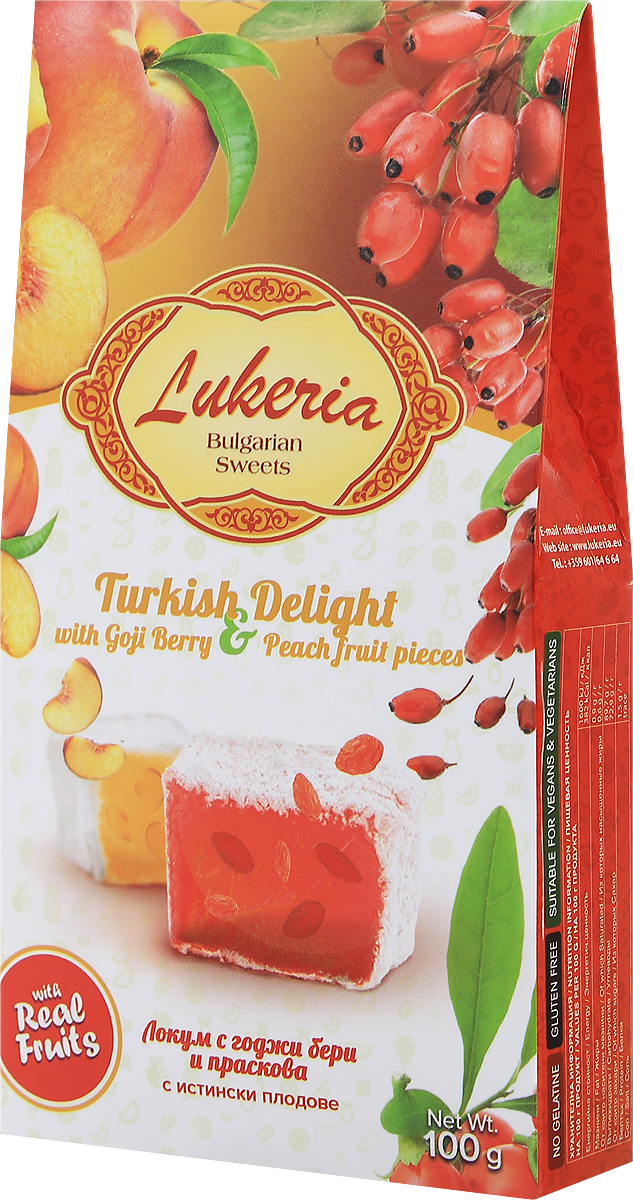 Lukeria рахат-лукум с ягодой годжи и персиком, 100 г0120710 Lukeria рахат-лукум с ягодой годжи и персиком, 100 г0120710История восточных сладостей насчитывает многие тысячелетия. Благодаря гурманам Ближнего и Среднего Востока во всем мире стали известны халва, нуга, пахлава и, конечно, знаменитый рахат-лукум - уже сами эти названия содержат привкус восточных сказок.Отличало их также то, что восточные сладости можно было хранить в теплом климате, и они не теряли своей свежести и не портились. Экзотические лакомства далекого Востока в течение долгого времени были неизвестны европейцам. В Европе они появились примерно в XVII-XVIII веках, их подавали в самых богатых домах как изысканные деликатесы. Вскоре восточные сладости стали признаком тонкого вкуса.Уважаемые клиенты! Обращаем ваше внимание, что полный перечень состава продукта представлен на дополнительном изображении.