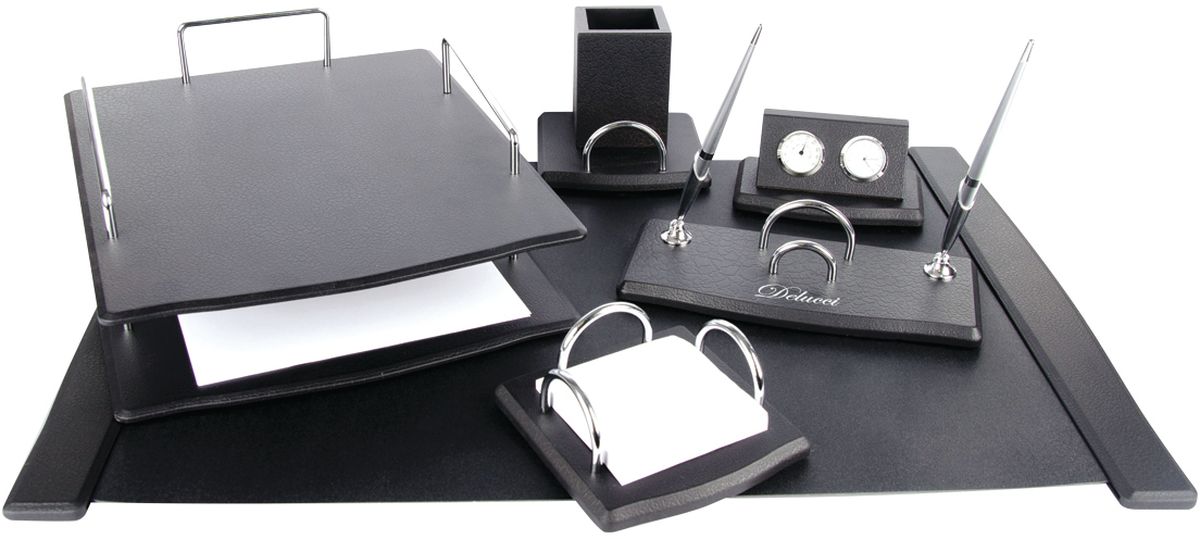 Delucci Канцелярский набор 6 предметов цвет черное деревоSS155_3194/ 205593 Delucci Канцелярский набор 6 предметов цвет черное деревоSS155_3194/ 205593В состав набора Delucci входят: подкладка для письма, подставка для ручек (2 ручки в комплекте), подставка для бумажного блока, часы с термометром, двухуровневый лоток для бумаг, подставка для карандашей.