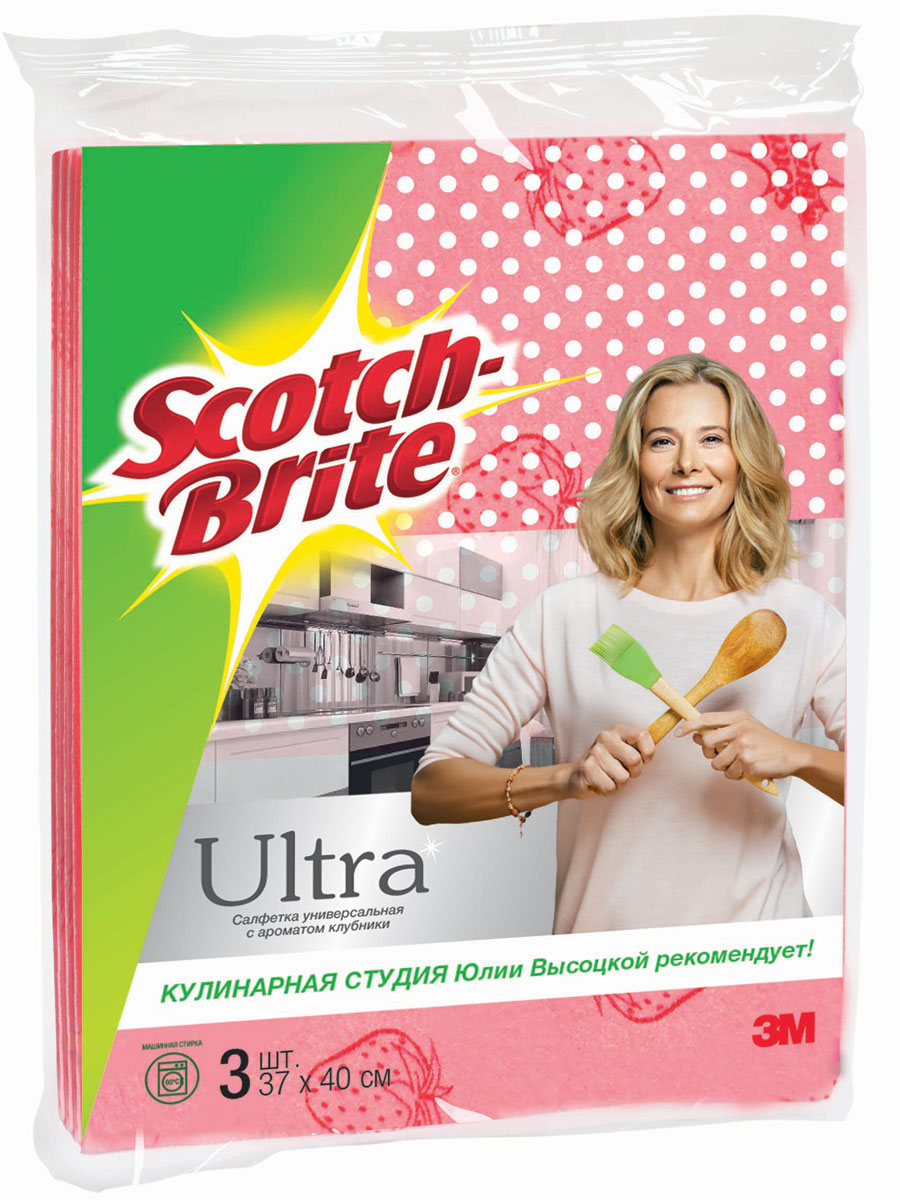 Набор универсальных салфеток Scotch-Brite, с ароматом клубники, 3 шт531-105 Набор универсальных салфеток Scotch-Brite, с ароматом клубники, 3 шт531-105Универсальная салфетка Scotch-Brite идеально подходит для сухой и влажной уборки любых поверхностей, а аромат клубники делает уборку более приятной.Преимущества:долго сохраняет аромат даже при применение моющих средств может использоваться как с бытовыми средствами, так и без них, в сухом или влажном состоянииотлично впитывается и отжимаетсядолго сохраняет цвет и формупрекрасно очищает все виды поверхностей не оставляет ворсинок не царапает поверхность. Характеристики: Размер: 40 см х 37 см. Количество:3 шт. Изготовитель:Турция. Уважаемые клиенты!Обращаем ваше внимание на возможные изменения в дизайне упаковки. Качественные характеристики товара остаются неизменными. Поставка осуществляется в зависимости от наличия на складе.