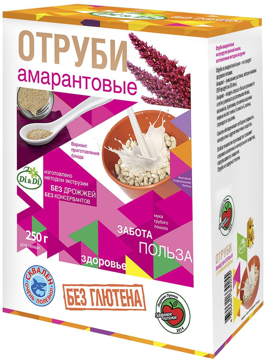 DI&Di отруби амарантовые безглютеновые, 250 г0120710 DI&Di отруби амарантовые безглютеновые, 250 г0120710Отруби из амарантовой муки - отличная добавка к супам, кашам. Амарантовая мука содержит множество полезных веществ: высококачественный белок, восемь незаменимых аминокислот. Для отрубей используется амарантовая, кукурузная и рисовая мука грубого помола, богатая пищевыми волокнами, которые необходимы для нормального пищеварения.