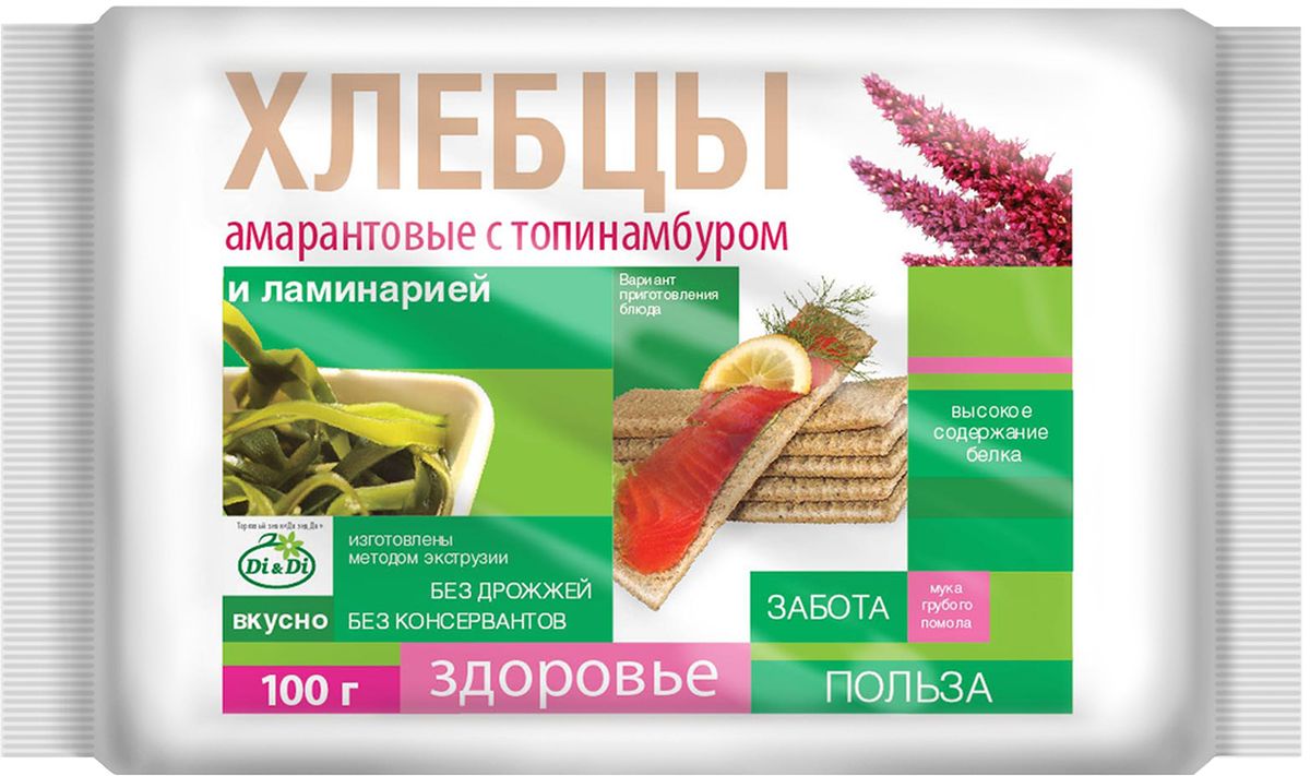 Di&Di хлебцы амарантовые с топинамбуром и ламинарией, 100 г0120710 Di&Di хлебцы амарантовые с топинамбуром и ламинарией, 100 г0120710Продукт функционального питания. Богат калием, кальцием, магнием, фосфором, железом.