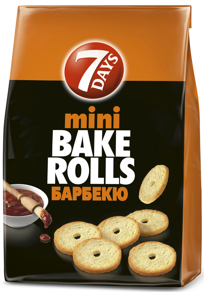 7DAYS Bake Rolls Мини-cухарики Барбекю, 80 г0120710 7DAYS Bake Rolls Мини-cухарики Барбекю, 80 г0120710Яркий! Богатый! Насыщенный вкус!Хрустящие, дважды выпеченные, тонко нарезанные хлебные ломтики с травами и специями с незабываемым богатым вкусом!