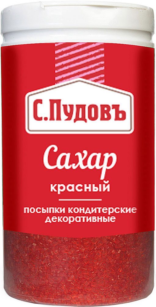 Пудовъ посыпки сахар красный, 65 г0120710 Пудовъ посыпки сахар красный, 65 г0120710Сахарный песок, окрашенный в красный цвет - отличный вариант украшения десертов, выпечки, мороженого. Продукт поставляется в удобной упаковке, которой хватит на несколько мероприятий.
