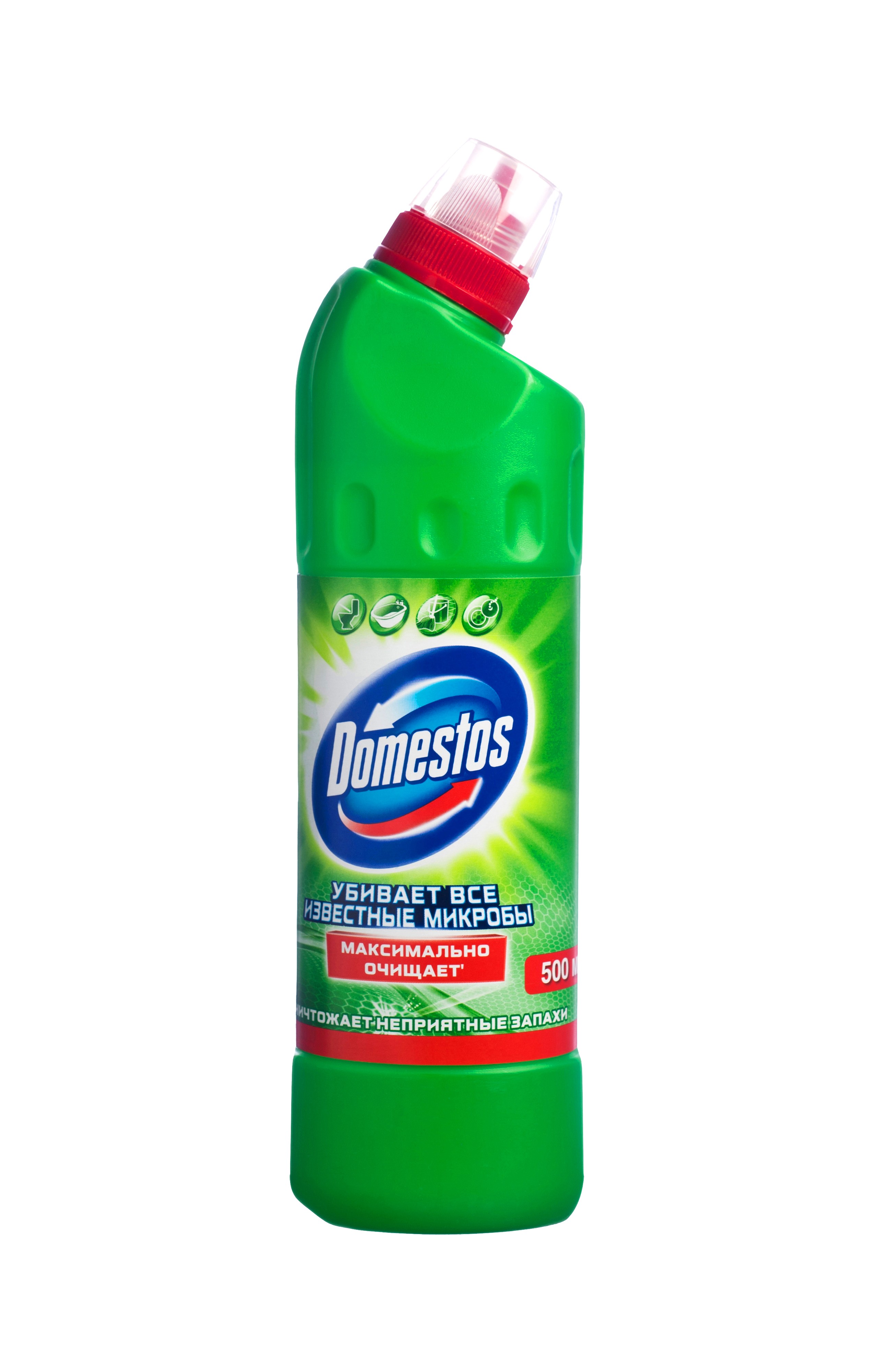 Domestos Двойная сила Чистящее и дезинфицирующее средство Универсальное Хвойная свежесть 500 мл790009 Domestos Двойная сила Чистящее и дезинфицирующее средство Универсальное Хвойная свежесть 500 мл790009Универсальное чистящее средство Domestos Двойная сила. Хвойная свежесть подходит для уборки раковин и ванн, кафеля, пола, унитаза, сливов и водостоков на кухне и в ванной. Чистит до блеска, дезинфицирует и отбеливает. Domestos не только очищает поверхности, но и помогает бороться со всеми известными микробами - в том числе, вызывающими опасные заболевания, обеспечивая свежий аромат. Густой, многофункциональный, экономичный и невероятно эффективный. Среди средств для туалетов Domestos - бесспорный лидер, благодаря густой формуле и удобной форме бутылки.Нельзя забывать, что гигиена важна не только в туалете, но и в ванной. Влага и тепло - идеальные условия для размножения бактерий, грибка, плесени. Регулярное использование небольшого количества Domestos на мокрой тряпке или губке в ванной убирает мыльной осадок, темные пятна, дезинфицирует поверхности. Domestos безопасен. При надлежащем использовании Domestos абсолютно безвреден как для людей, так и для окружающей среды: содержащееся в нем активное дезинфицирующее вещество сразу после применения распадается на безопасные компоненты. Состав: менее 5%: гипохлорит натрия, анионные ПАВ, неионогенные ПАВ, мыло, отдушка.Товар сертифицирован.