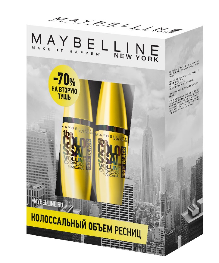 Набор Maybelline New York Тушь для ресниц The Colossal Volum Express, 100% объем, экстрачерный, 10,7 мл х2 - 70% на вторую тушьперфорационные unisex Набор Maybelline New York Тушь для ресниц The Colossal Volum Express, 100% объем, экстрачерный, 10,7 мл х2 - 70% на вторую тушьперфорационные unisexСкидка70% на вторую тушь. Формула с коллагеном и запатентованная Мегащеточка позволяет быстро создавать колоссальный объем ресниц. Формула с 100% черными пигментами делает ресницы еще более выразительными.