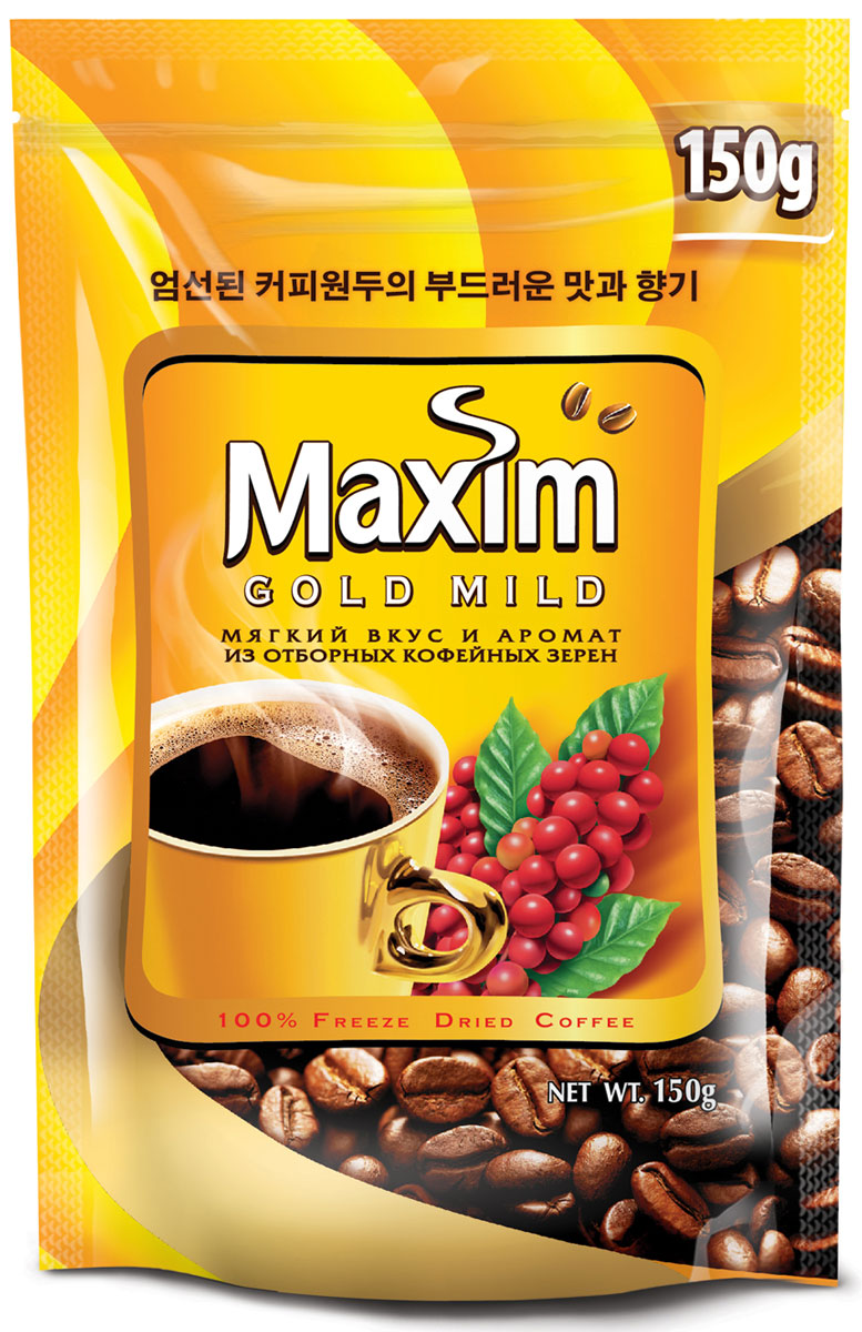 Maxim Gold Mild кофе натуральный растворимый сублимированный, 150 г0556-26 Maxim Gold Mild кофе натуральный растворимый сублимированный, 150 г0556-26Maxim – это сублимированный кофе высокого качества по доступной цене. Это бренд №2 в Сибири и на Дальнем Востоке. Ведет свою историю с 1971 года. Представлен двумя вкусами – Original и Mild. Maxim Gold Mild – это мягкий вкус с оттенками солода и тонкий аромат.