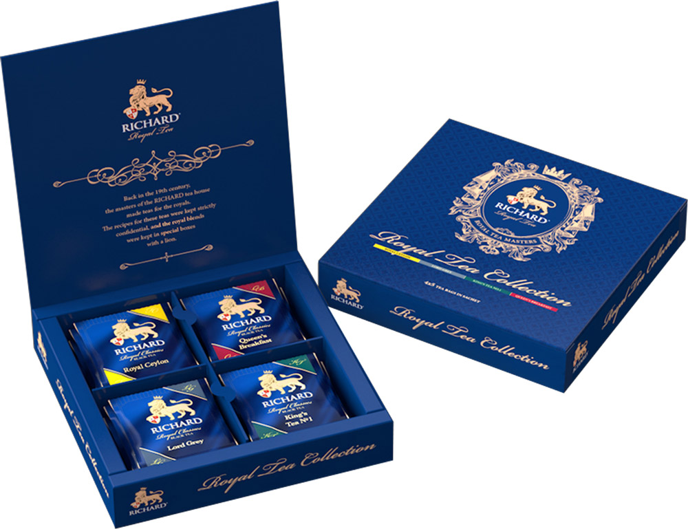 Richard Royal Tea Collection чай черный ассорти в пакетиках, 20 шт101246 Richard Royal Tea Collection чай черный ассорти в пакетиках, 20 шт101246Черный чай Richard Royal Tea Collection можно с гордостью ставить на праздничный стол!В упаковку входят четыре вида чая:Royal Ceylon - бесценный шедевр Королевской чайной коллекции, блистательный купаж Royal Ceylon хранит верность тонкому вкусу коронованных особ. Отборный высокогорный цейлонский чай с мягкими, едва уловимыми сладковатыми нотками - неизменный выбор королей.Lord Grey - аристократичность и безупречный вкус - главные отличия особ высшего света и... чая Lord Grey. Неповторимый букет Золотого цейлонского чая с чарующей нотой бергамота и легким цитрусовым шлейфом - фаворит светских раутов.Kings Tea No.1 - любимый чай Его Величества, сопровождающий монарха в летних резиденциях и деловых поездках. Этот элегантный чайный букет с пикантным и тонким шлейфом кафрского лайма и английской мяты помогает сохранить ясность мысли и бодрость духа.Queens Breakfast - этому чаю в Королевской коллекции отведена важная роль обеспечить монаршей семье наилучшее начало каждого дня. Queens Breakfast - роскошный, насыщенный, бодрящий, с приятным терпким вкусом и нежным ароматом.