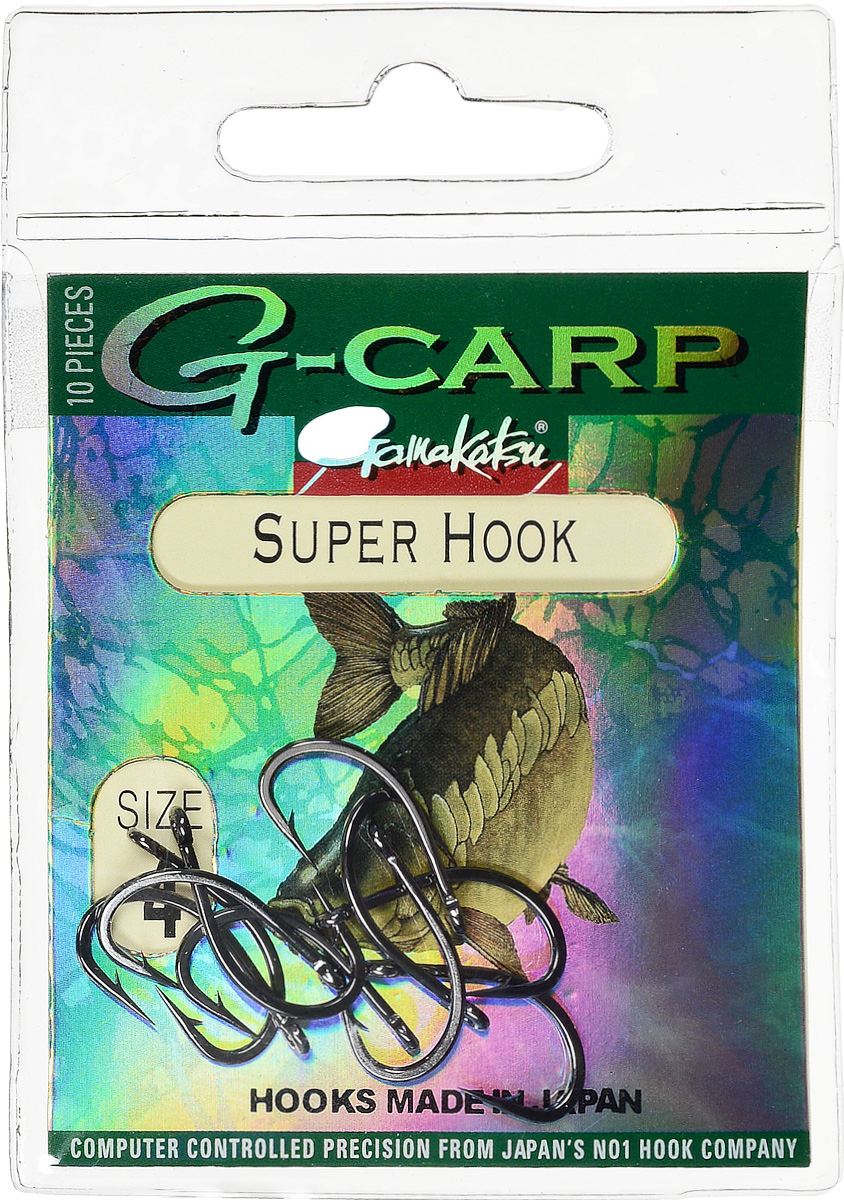 Крючок рыболовный Gamakatsu G-Carp. Super Hook, №4, 10 шт14665500600 Крючок рыболовный Gamakatsu G-Carp. Super Hook, №4, 10 шт14665500600Крючок Gamakatsu G-Carp. Super Hook предназначен для применения в составе волосяных оснасток с тонущими насадками, сборными и балансированными на чистых участках дна. Универсальная форма крюка позволяет применять его не только в составе монтажей, но и насаживать наживку непосредственно на него. Областью применения является как стоячая вода, так и течение. Не имеют бокового отгиба, острие прямое, без подгиба внутрь.На сегодняшний день рыболовные крючки Gamakatsu являются лучшими по качеству в Японии и Европе. Все крючки выполняются из очень прочной стальной проволоки. Жала крючков имеют химическую заточку. Вид крепления: ушко.Размер крючка: №4.