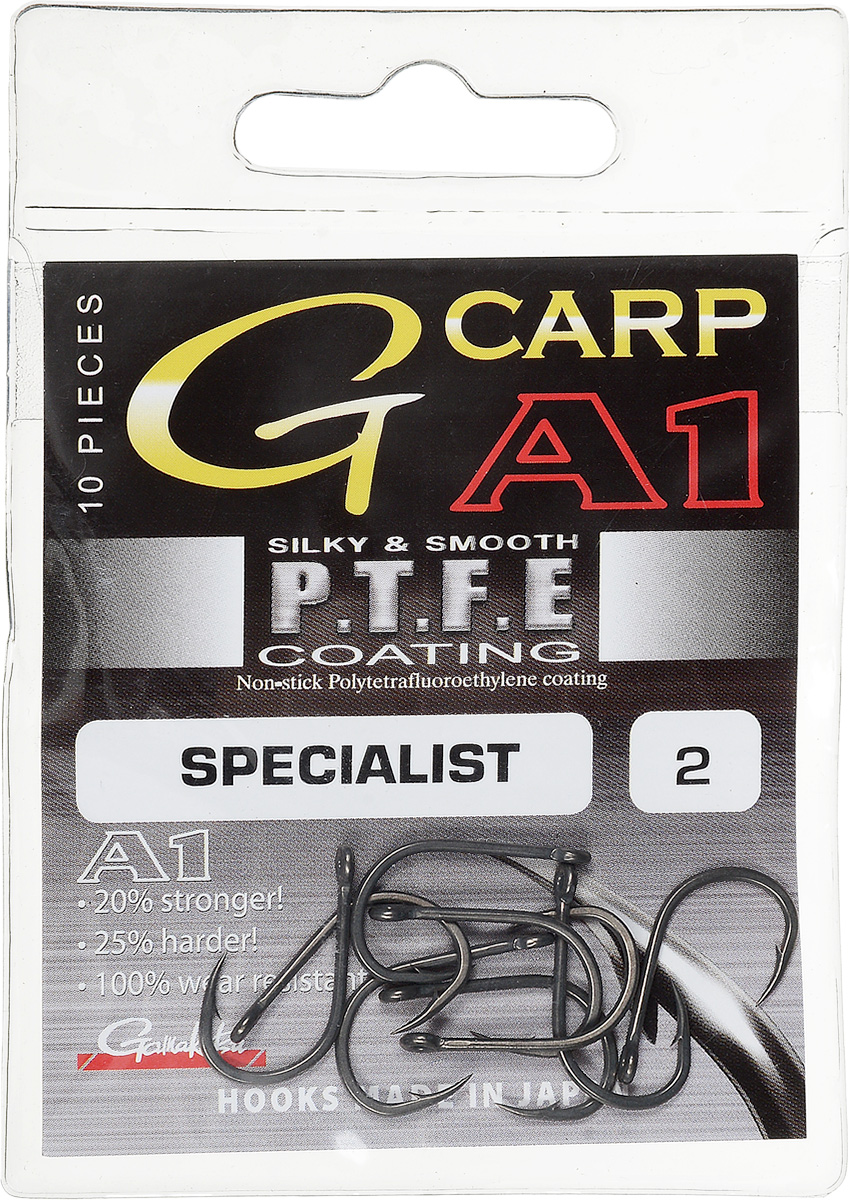 Крючок рыболовный Gamakatsu A1 G-Carp Specialist PTFE T/C, размер 2, 10 шт13448 Крючок рыболовный Gamakatsu A1 G-Carp Specialist PTFE T/C, размер 2, 10 шт13448Крючок Gamakatsu A1 G-Carp Specialist PTFE T/C подходит для ловли карпа. Изделие изготовлено из стали повышенной прочности. Крючок долго остается острым и легко впивается даже в твердую кость. Крючок не имеет бокового отгиба, жало подогнуто. Применяется в составе волосяных оснасток с тонущими насадками, а также с насадками типа снеговик. Подходит для растительных и животных насадок. Крючок прекрасно справляется на участках дна с наличием донного мусора. Размер: 2.Количество: 10 шт. Вид головки: кольцо.