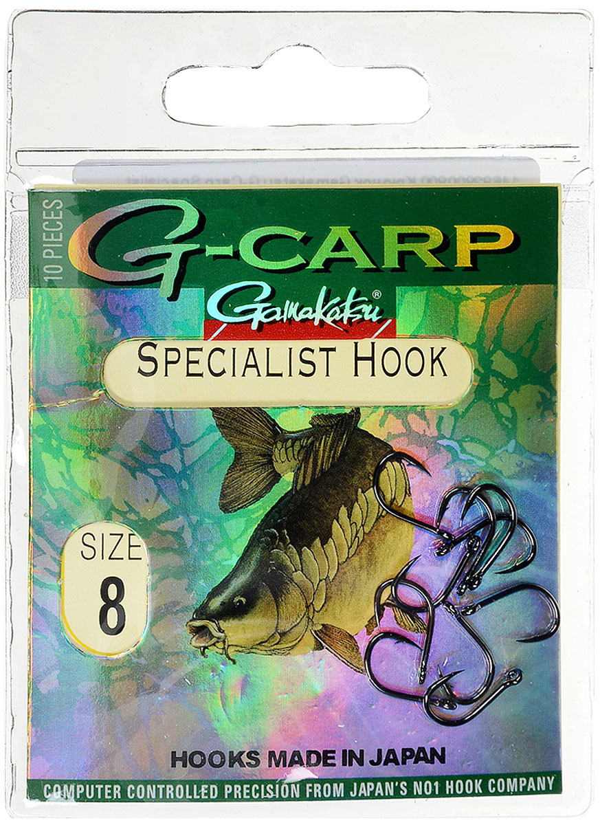 Крючок рыболовный Gamakatsu G-Carp. Specialist Hook, №8, 10 шт4271842 Крючок рыболовный Gamakatsu G-Carp. Specialist Hook, №8, 10 шт4271842Gamakatsu G-Carp. Specialist Hook - карповый крючок с жалом с углублением, кованым прочным толстым цевьем, круглым ушком и крючком-джигом.На сегодняшний день рыболовные крючки Gamakatsu являются лучшими по качеству в Японии и Европе. Все крючки выполняются из очень прочной стальной проволоки. Жала крючков имеют химическую заточку. Вид крепления: ушко.Размер крючка: №8.