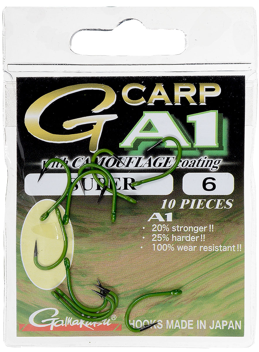 Крючок рыболовный Gamakatsu A1 G-Carp Camou Green Super, размер 6, 10 шт606-01707 Крючок рыболовный Gamakatsu A1 G-Carp Camou Green Super, размер 6, 10 шт606-01707Крючок Gamakatsu A1 G-Carp Camou Green Super подходит для ловли карпа. Изделие изготовлено из стали повышенной прочности. Крючки долго остаются острыми и легко впиваются даже в твердую кость. Изделие окрашено в зеленый цвет, что удобно для ловли в водорослях. Подходит для растительных и животных насадок. Крючок прекрасно справляется с любой рыбой как на море, так и на спокойной воде. Размер: 6.Количество: 10 шт. Вид головки: кольцо.