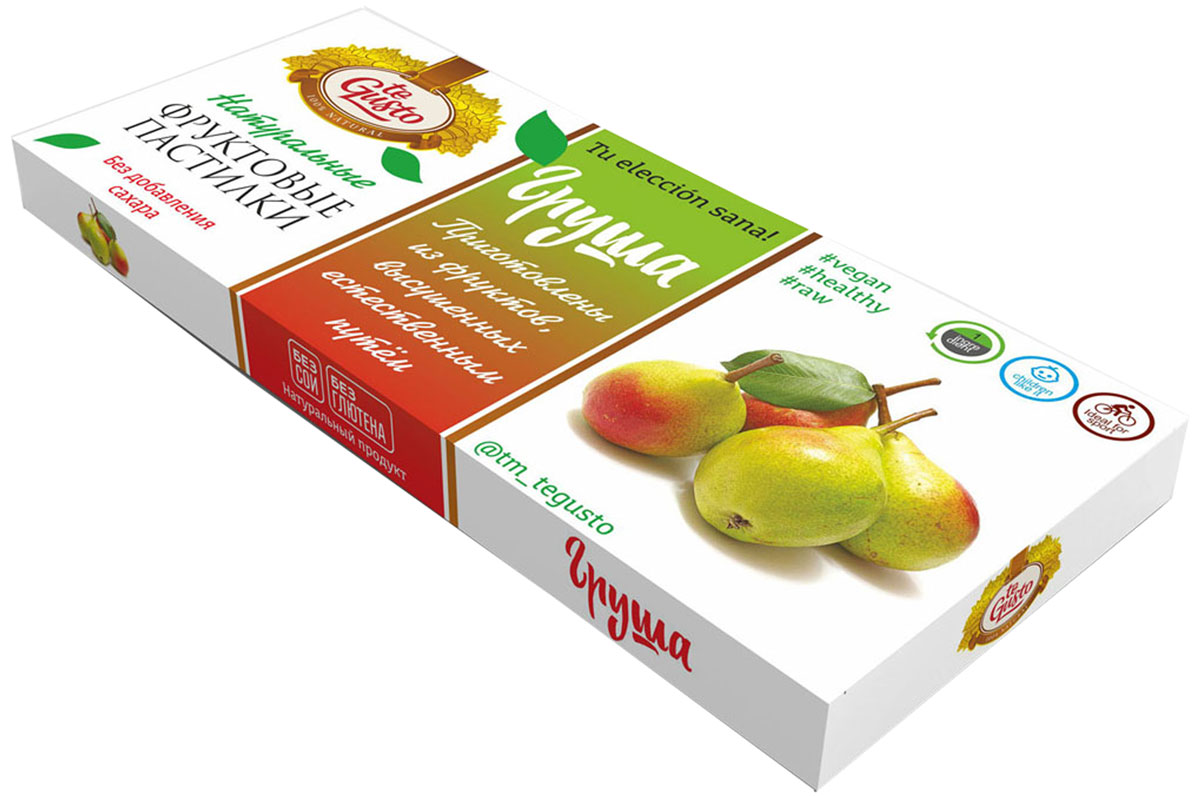 te Gusto Фруктовые пастилки из груши, 40 г0120710 te Gusto Фруктовые пастилки из груши, 40 г0120710Фруктовые пастилки te Gusto без ГМО, глютена, сои, сахара, фруктозы, красителей, усилителей вкуса, загустителей. В составе только один ингредиент – плод, выращенный в экологически чистом районе. Пастилки изготовлены методом солнечной сушки, без консервантов.Особый способ измельчения плодов позволяет сохранить витамины в первозданном виде. Данный продукт создан для людей, ведущих здоровый образ жизни и уделяющих большое внимание своему питанию. Для спортсменов это полезный и питательный перекус, для вегетарианцев – сладость, не содержащая продуктов животного происхождения, для детей – натуральное лакомство, которое единожды попробовав, они предпочитают шоколадкам, и для всех, вне зависимости от возраста и систем питания – здоровый продукт без красителей, консервантов и подсластителей.В плодах груши содержатся уникальные эфирные масла и биологически активные вещества, которые улучшают настроение, снимают напряжение и даже помогают бороться с депрессией.