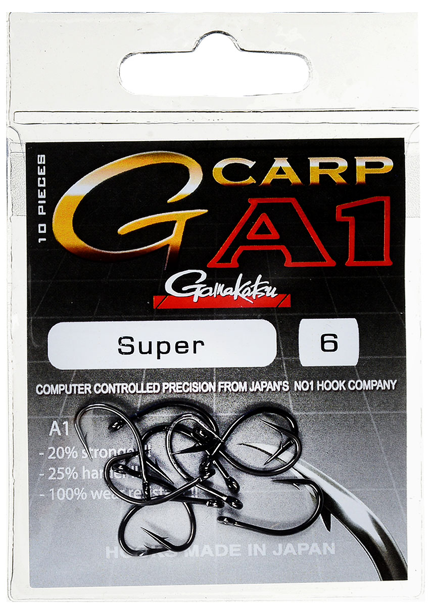 Крючок рыболовный Gamakatsu A1 G-Carp Super, размер 6, 10 шт4271825 Крючок рыболовный Gamakatsu A1 G-Carp Super, размер 6, 10 шт4271825Крючок Gamakatsu A1 G-Carp Super подходит для ловли карпа. Изделие изготовлено из стали повышенной прочности. Крючки долго остаются острыми. Жесткий крючок будет держать более острые углы в течение длительного вываживания и не сломается. Подходит для растительных и животных насадок. Крючок прекрасно справляется с любой рыбой как на море, так и на спокойной воде. Размер: 6.Количество: 10 шт. Вид головки: кольцо.