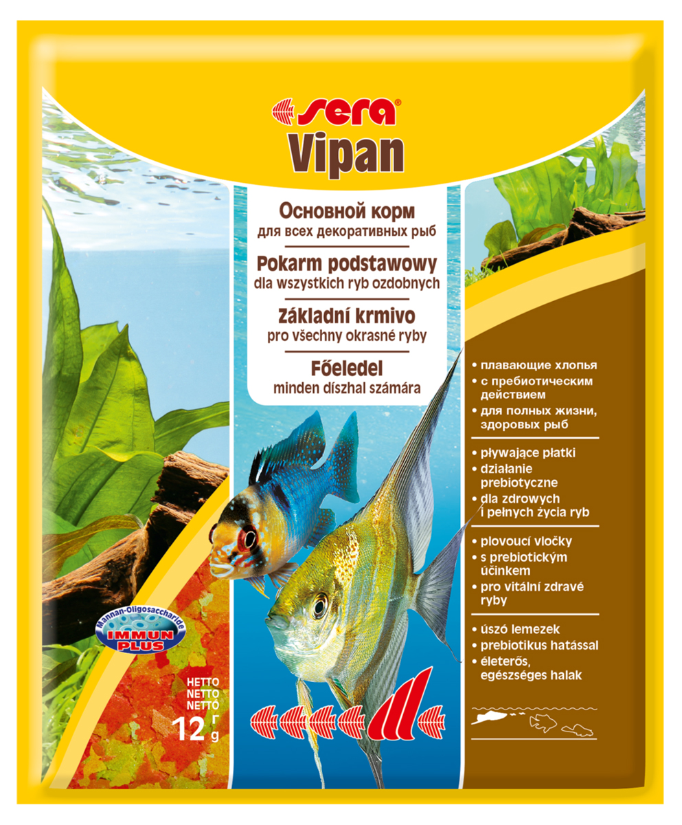 Корм для рыб Sera Vipan, 12 г0120710 Корм для рыб Sera Vipan, 12 г0120710Корм для рыб Sera Vipan - хорошо сбалансированный основной корм в виде хлопьев, содержащий более 40 ингредиентов. Идеально подходит для ежедневного кормления всех декоративных рыб в общих аквариумах. Сбалансированный состав удовлетворяет потребности множества видов. Бережная обработка гарантирует сохранение ценных ингредиентов (например, жирных кислот Омега, витаминов и минералов). Белки и другие питательные вещества делают этот корм высокопитательным и легко перевариваемым рыбами. Формула Vital-Immun-Protect гарантирует вашим рыбам прекрасное здоровье, укрепление иммунитета и обилие жизненных сил. Специальный метод приготовления позволяет хлопьям сохранять свою форму в течение длительного времени, не загрязняя воду. Хлопья в то же время очень нежны и поэтому охотно поедаются рыбой. Ингредиенты: рыбная мука, пшеничная мука, пивные дрожжи, казеинат кальция, гаммарус, яичный порошок, рыбий жир, маннанолигосахарид (MOS 0,4%), спирулина, травы, люцерна, крапива, мука из зеленых губчатых моллюсков, водоросли, зелень петрушки, перец, шпинат, чеснок, морковь, красители, разрешенные в ЕС. Аналитический состав: протеины 46,2%, жиры 8,9%, клетчатка 2,3%, зола 11,9%, влажность 6,7%. Витамины и провитамины на кг: витамин А 37000МЕ, витамин В1 35 мг, витамин В2 90 мг, витамин С 550 мг, витамин D3 1800МЕ, витамин Е 120 мг. Товар сертифицирован.