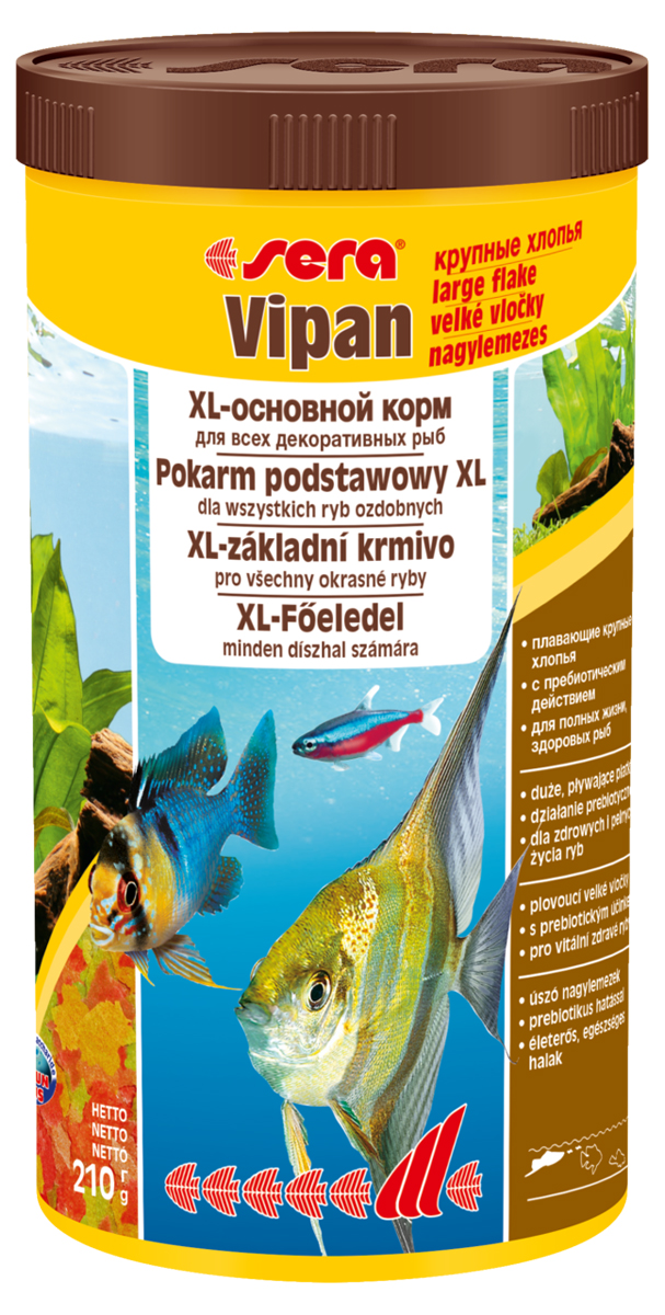 Корм для рыб Sera Vipan, крупные хлопья, 1 л (210 г)0120710 Корм для рыб Sera Vipan, крупные хлопья, 1 л (210 г)0120710Корм для рыб Sera Vipan - хорошо сбалансированный основной корм в виде крупных хлопьев, содержащий более 40 ингредиентов. Идеально подходит для ежедневного кормления всех декоративных рыб в общих аквариумах. Сбалансированный состав удовлетворяет потребности множества видов. Бережная обработка гарантирует сохранение ценных ингредиентов (например, жирных кислот Омега, витаминов и минералов). Белки и другие питательные вещества делают этот корм высокопитательным и легко перевариваемым рыбами. Формула Vital-Immun-Protect гарантирует вашим рыбам прекрасное здоровье, укрепление иммунитета и обилие жизненных сил. Специальный метод приготовления позволяет хлопьям сохранять свою форму в течение длительного времени, не загрязняя воду. Хлопья в то же время очень нежны и поэтому охотно поедаются рыбой. Ингредиенты: рыбная мука, пшеничная мука, пивные дрожжи, казеинат кальция, гаммарус, яичный порошок, рыбий жир, маннанолигосахарид (MOS 0,4%), спирулина, травы, люцерна, крапива, мука из зеленых губчатых моллюсков, водоросли, зелень петрушки, перец, шпинат, чеснок, морковь, красители, разрешенные в ЕС. Аналитический состав: протеины 46,2%, жиры 8,9%, клетчатка 2,3%, зола 11,9%, влажность 6,7%. Витамины и провитамины на кг: витамин А 37000МЕ, витамин В1 35 мг, витамин В2 90 мг, витамин С 550 мг, витамин D3 1800МЕ, витамин Е 120 мг. Товар сертифицирован.