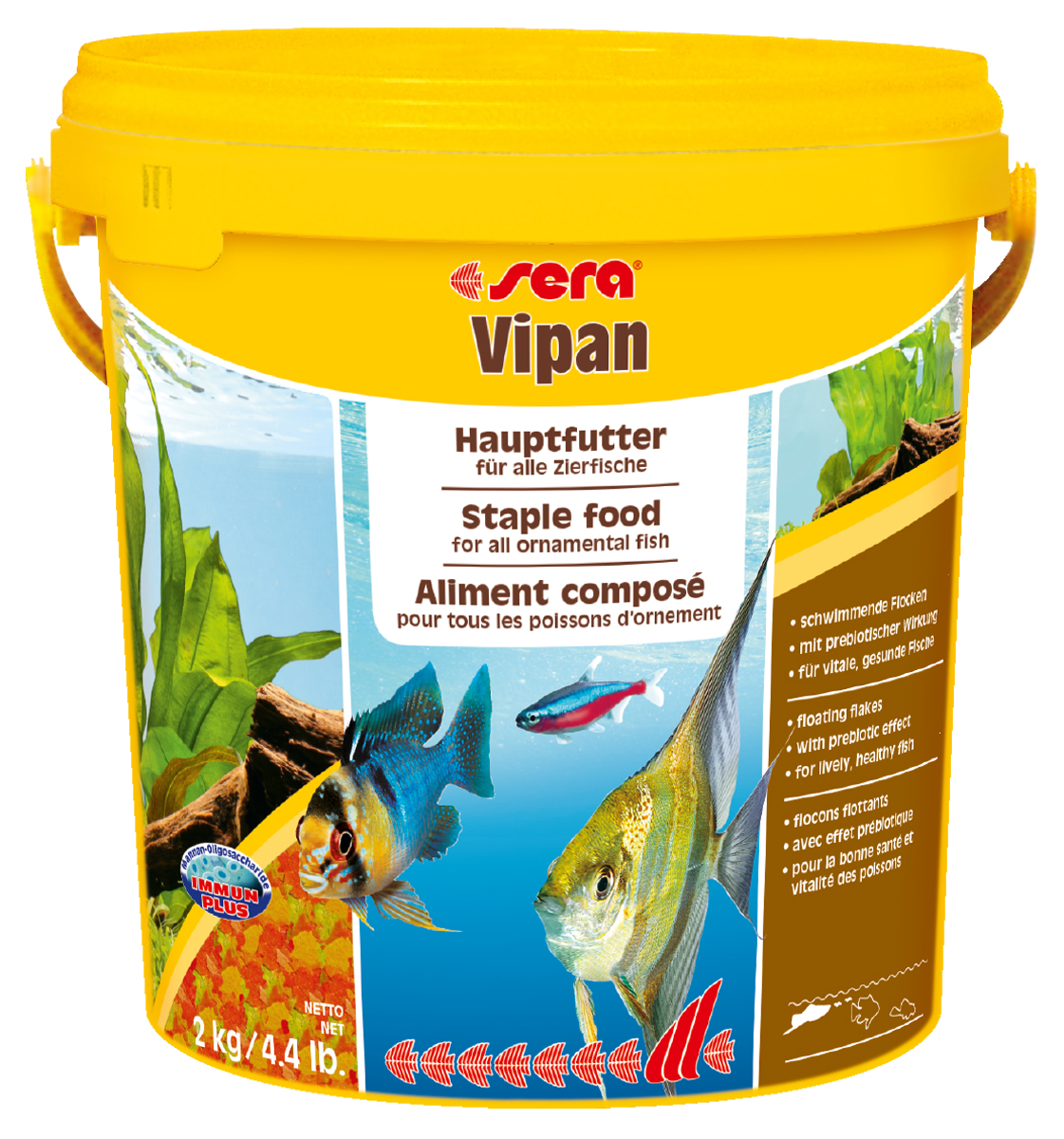 Корм для рыб Sera Vipan, 10 л (2 кг)0120710 Корм для рыб Sera Vipan, 10 л (2 кг)0120710Корм для рыб Sera Vipan - хорошо сбалансированный основной корм в виде хлопьев, содержащий более 40 ингредиентов. Идеально подходит для ежедневного кормления всех декоративных рыб в общих аквариумах. Сбалансированный состав удовлетворяет потребности множества видов. Бережная обработка гарантирует сохранение ценных ингредиентов (например, жирных кислот Омега, витаминов и минералов). Белки и другие питательные вещества делают этот корм высокопитательным и легко перевариваемым рыбами. Формула Vital-Immun-Protect гарантирует вашим рыбам прекрасное здоровье, укрепление иммунитета и обилие жизненных сил. Специальный метод приготовления позволяет хлопьям сохранять свою форму в течение длительного времени, не загрязняя воду. Хлопья в то же время очень нежны и поэтому охотно поедаются рыбой. Ингредиенты: рыбная мука, пшеничная мука, пивные дрожжи, казеинат кальция, гаммарус, яичный порошок, рыбий жир, маннанолигосахарид (MOS 0,4%), спирулина, травы, люцерна, крапива, мука из зеленых губчатых моллюсков, водоросли, зелень петрушки, перец, шпинат, чеснок, морковь, красители, разрешенные в ЕС. Аналитический состав: протеины 46,2%, жиры 8,9%, клетчатка 2,3%, зола 11,9%, влажность 6,7%. Витамины и провитамины на кг: витамин А 37000МЕ, витамин В1 35 мг, витамин В2 90 мг, витамин С 550 мг, витамин D3 1800МЕ, витамин Е 120 мг. Товар сертифицирован.