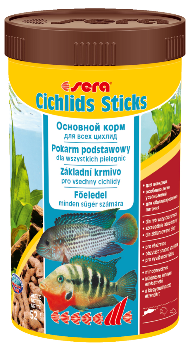 Корм для рыб Sera Cichlids Sticks, 250 мл (52 г)0228 Корм для рыб Sera Cichlids Sticks, 250 мл (52 г)0228Корм для рыб Sera Cichlids Sticks предназначен для всех видов цихлид. Корм изготовлен в виде палочек, произведенных путем бережной обработки сырья. Благодаря высокому содержанию ценных белков и входящим в состав зародышам пшеницы, этот сбалансированный корм легко усваивается и особенно привлекателен для рыб. Формула Vital-Immun-Protect гарантирует рыбам прекрасное здоровье, укрепление иммунитета и обилие жизненных сил. Плавающие палочки сохраняют свою форму в воде, не загрязняя ее. Корм не содержит красителей, благодаря чему ни при каких условиях не подкрашивает воду в аквариуме. Инструкция по применению: Кормить один-два раза в день, но только в том количестве, которое рыбы могут съесть в течение короткого периода времени. Ингредиенты: рыбная мука, кукурузный крахмал, пшеничная мука, пшеничная клейковина, пшеничные зародыши (5%), пивные дрожжи, рыбий жир (49% Омега жирных кислот), гаммарус, маннанолиго-сахариды (0,4%), зеленые мидии, водоросль гематококкус, чеснок. Аналитический состав: протеин 41,9%, жиры 6,4%, клетчатка 2,9%, влажность 4,5%, зольные вещества 4,8%.Витамины и провитамины: витамин А 30.000 ME/ кг, витамин D3 1.500 МЕ/кг, витамин Е (D, L-a-tocopheryl acetate) 60 мг/кг, витамин В1 30 мг/кг, витамин В2 90 мг/кг, витамин С (L-ascorbyl monophosphate) 550 мг/кг. Товар сертифицирован.