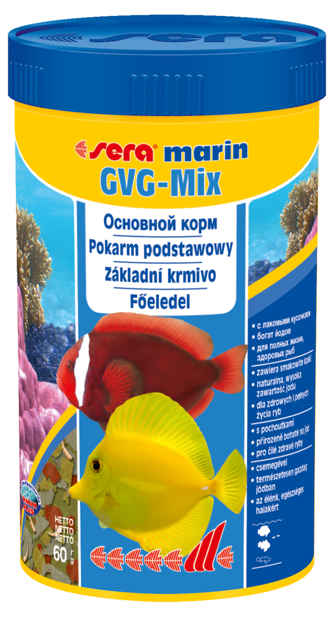 Корм для морских рыб Sera Gvg-Mix Marin, 250 мл (60 г)0120710 Корм для морских рыб Sera Gvg-Mix Marin, 250 мл (60 г)0120710Корм для морских рыб Sera Gvg-Mix Marin - это медленно тонущий основной корм, состоящий из мягких хлопьев и бережно высушенных кормовых организмов. Состоит на 80% из морских водорослей, криля и планктона, на 20% из сублимированных мотыля дафнии и креветок артемия. Высушенные целиком кормовые организмы вносят в кормление столь необходимое разнообразие. Корм предназначен для кормления всех видов морских рыб, особо нуждающихся в йоде и минеральных веществах в отличие от пресноводных рыб. Инструкция по применению: Кормить один-два раза в день, но только в том количестве, которое рыбы могут съесть в течение короткого периода времени. Ингредиенты: рыбная мука, пшеничная мука, казеинат кальция, пивные дрожжи, криль (3,6%), морские водоросли, гаммарус, красный мотыль (2,7%), дафния (2,7%), цельный яичный порошок, спирулина, маннанолигосахариды (0,4%), жир из печени рыбы (34% омега жирных кислот), растительное сырье, крапива, люцерна, петрушка, паприка, зеленые мидии, шпинат, морковь, водоросль гематококкус, чеснок. Аналитический состав: протеин 47,7%, жиры 7,0%, клетчатка 3,8%, влажность 5,2%, зольные вещества 12,3%. Содержание добавок: витамин A 33.640 lU/kg, витамин D3 31.640 lU/kg, витамин E (D, L-a-tocopheryl acetate) 109 mg/kg, витамин B1 32 mg/kg, витамин B2 82 mg/kg, стаб. витамин С (L-ascorbyl monophosphate) 500 mg/kg. Содержит пищевые красители, допустимые в ЕС. Товар сертифицирован.