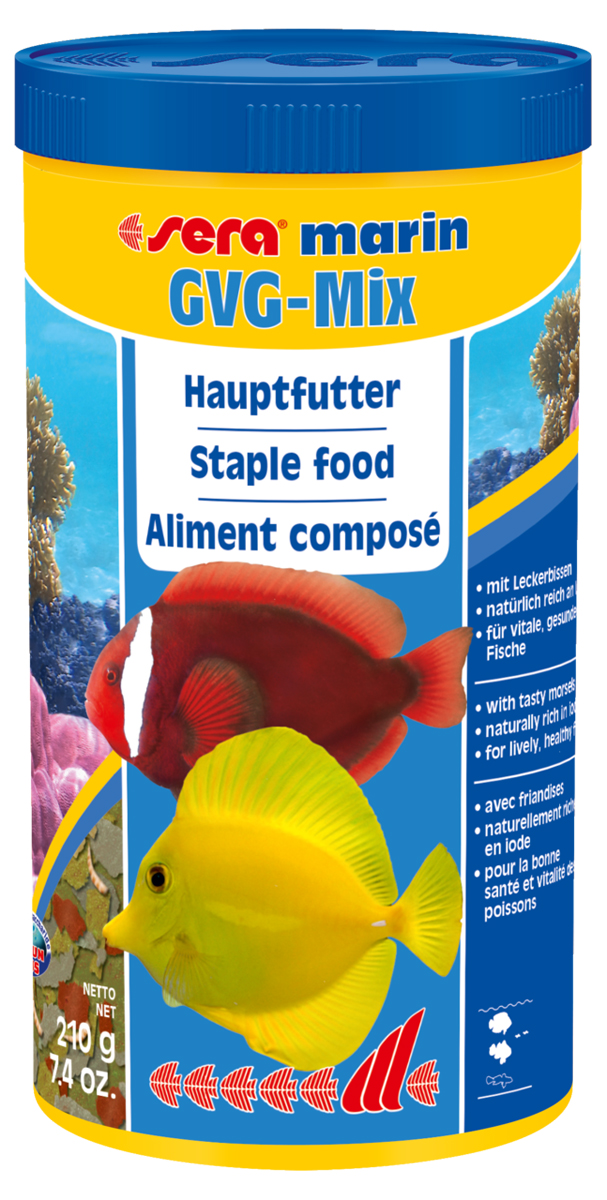 Корм для морских рыб Sera Gvg-Mix Marin, 1 л (210 г)61954 Корм для морских рыб Sera Gvg-Mix Marin, 1 л (210 г)61954Корм для морских рыб Sera Gvg-Mix Marin - это медленно тонущий основной корм, состоящий из мягких хлопьев и бережно высушенных кормовых организмов. Состоит на 80% из морских водорослей, криля и планктона, на 20% из сублимированных мотыля дафнии и креветок артемия. Высушенные целиком кормовые организмы вносят в кормление столь необходимое разнообразие. Корм предназначен для кормления всех видов морских рыб, особо нуждающихся в йоде и минеральных веществах в отличие от пресноводных рыб. Инструкция по применению: Кормить один-два раза в день, но только в том количестве, которое рыбы могут съесть в течение короткого периода времени. Ингредиенты: рыбная мука, пшеничная мука, казеинат кальция, пивные дрожжи, криль (3,6%), морские водоросли, гаммарус, красный мотыль (2,7%), дафния (2,7%), цельный яичный порошок, спирулина, маннанолигосахариды (0,4%), жир из печени рыбы (34% омега жирных кислот), растительное сырье, крапива, люцерна, петрушка, паприка, зеленые мидии, шпинат, морковь, водоросль гематококкус, чеснок. Аналитический состав: протеин 47,7%, жиры 7,0%, клетчатка 3,8%, влажность 5,2%, зольные вещества 12,3%. Содержание добавок: витамин A 33.640 lU/kg, витамин D3 31.640 lU/kg, витамин E (D, L-a-tocopheryl acetate) 109 mg/kg, витамин B1 32 mg/kg, витамин B2 82 mg/kg, стаб. витамин С (L-ascorbyl monophosphate) 500 mg/kg. Содержит пищевые красители, допустимые в ЕС. Товар сертифицирован.